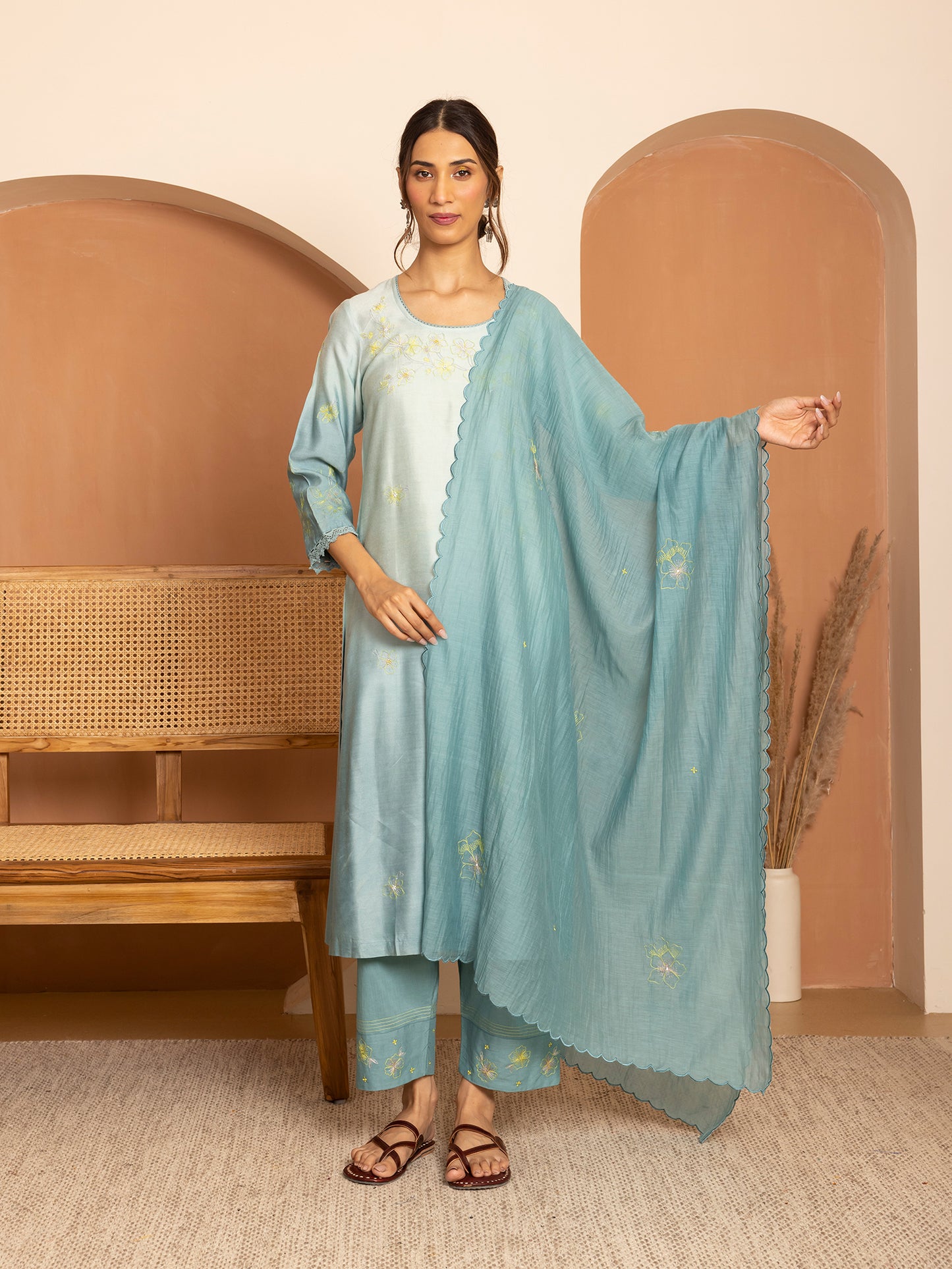 light blue and sea blue ombrey bamboo silk with thread and bead embroidery kurta set