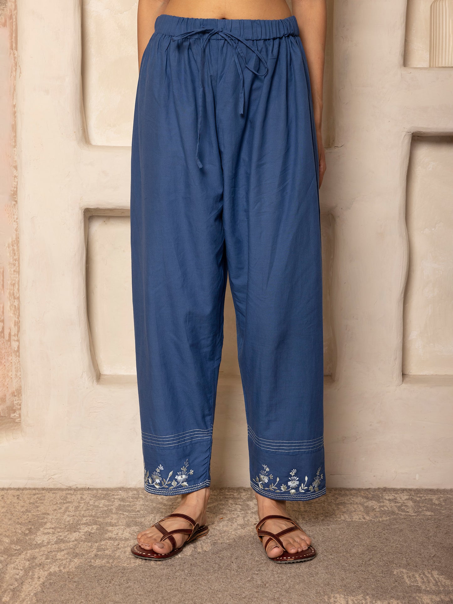 Light sky blue mul chanderi thread with crochet hand embroidery kurta set