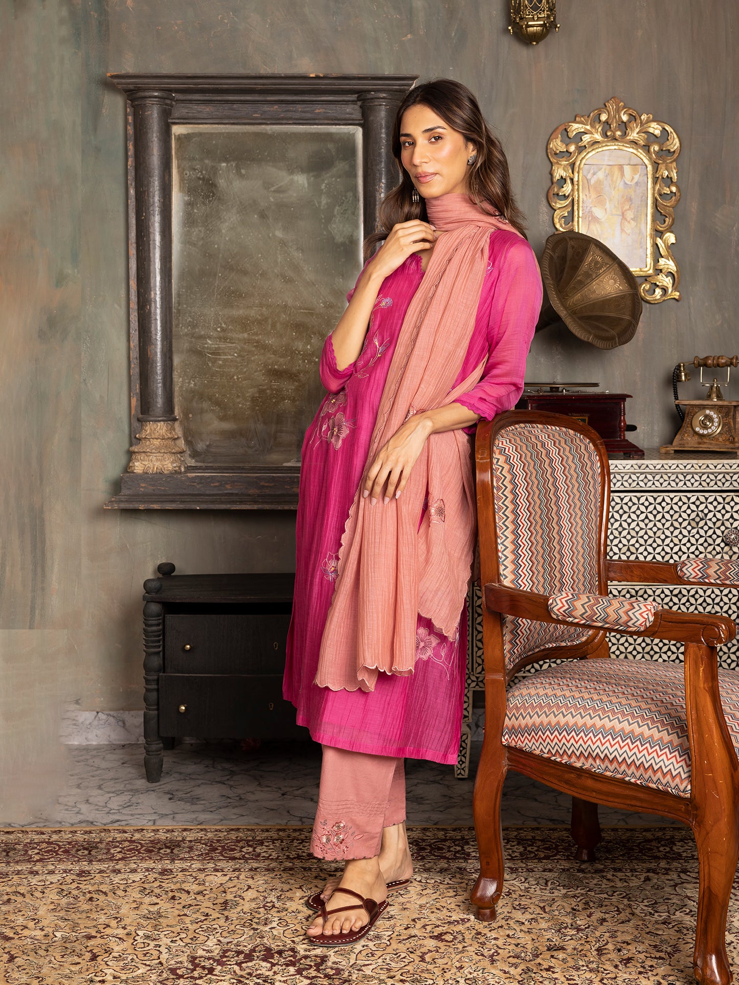 Rani pink mul chanderi thread and fabric cutwork work kurta set