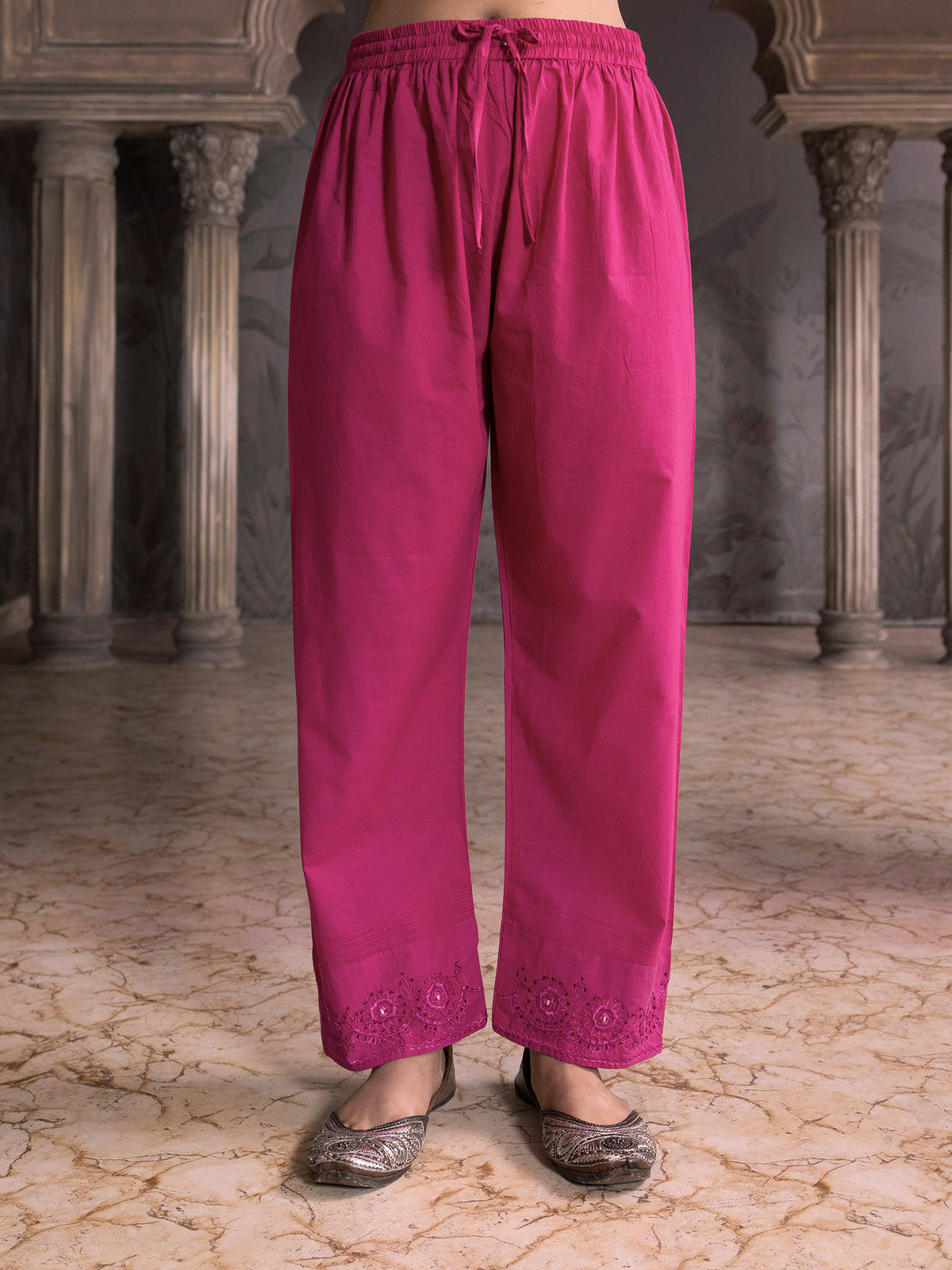 Rani pink Cotton Pant with thread and mirror work