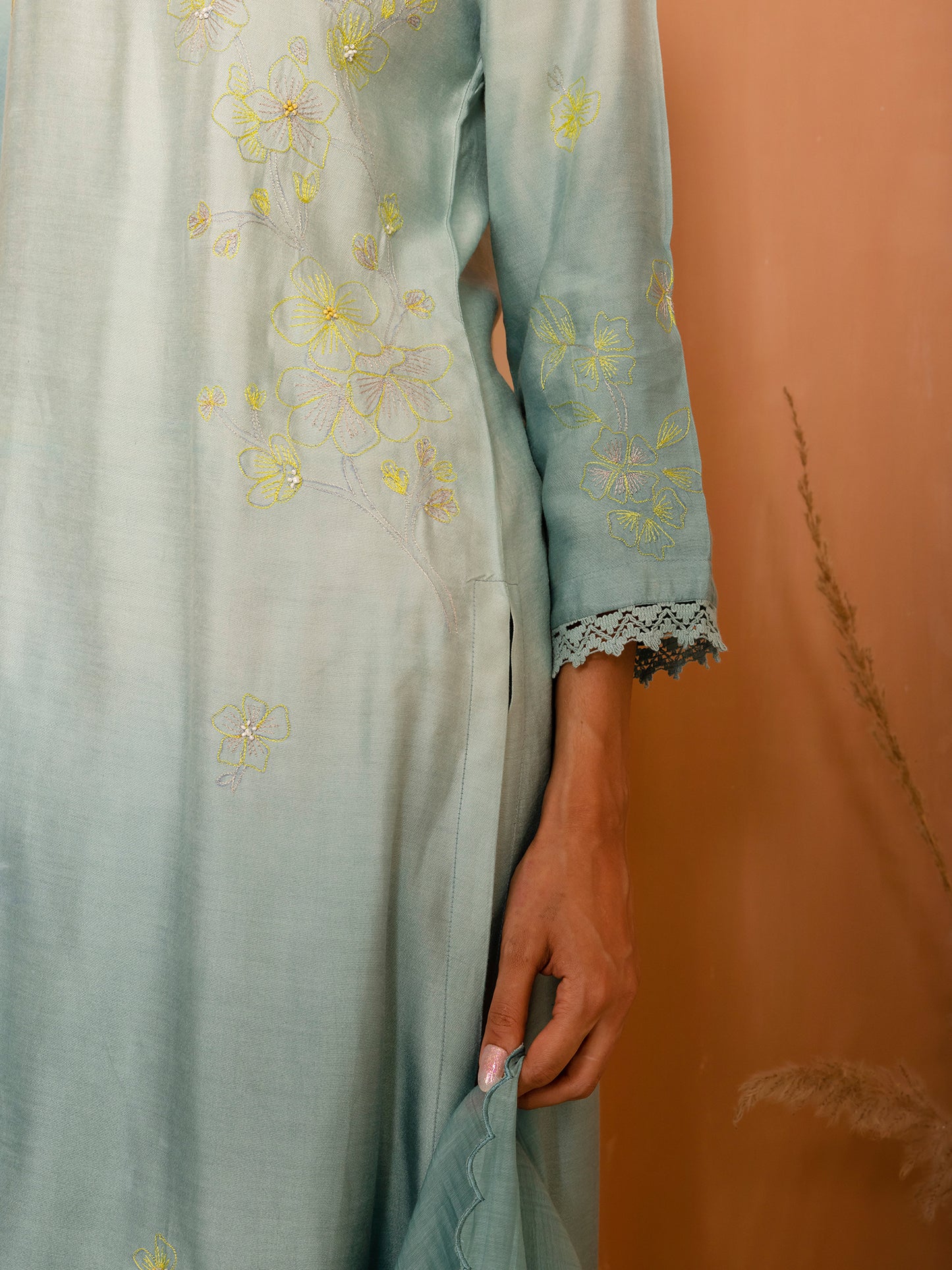 light blue and sea blue ombrey bamboo silk with thread and bead embroidery kurta set