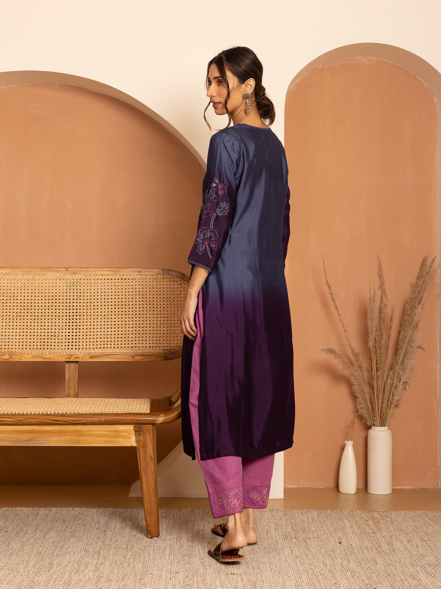 blue and purple ombrey bamboo silk with thread and bead embroidery kurta