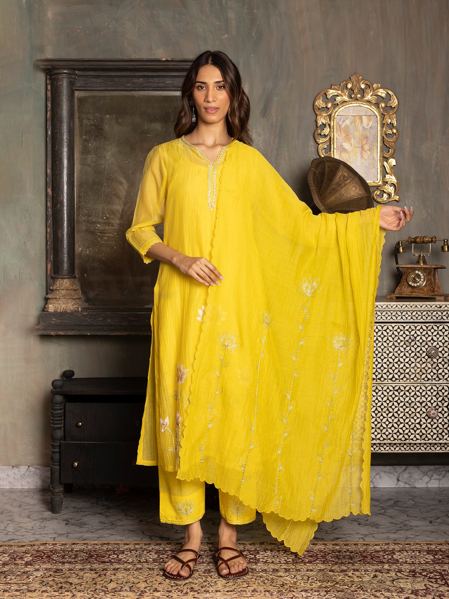 Lemon yellow mul chanderi thread and fabric cutwork work kurta set