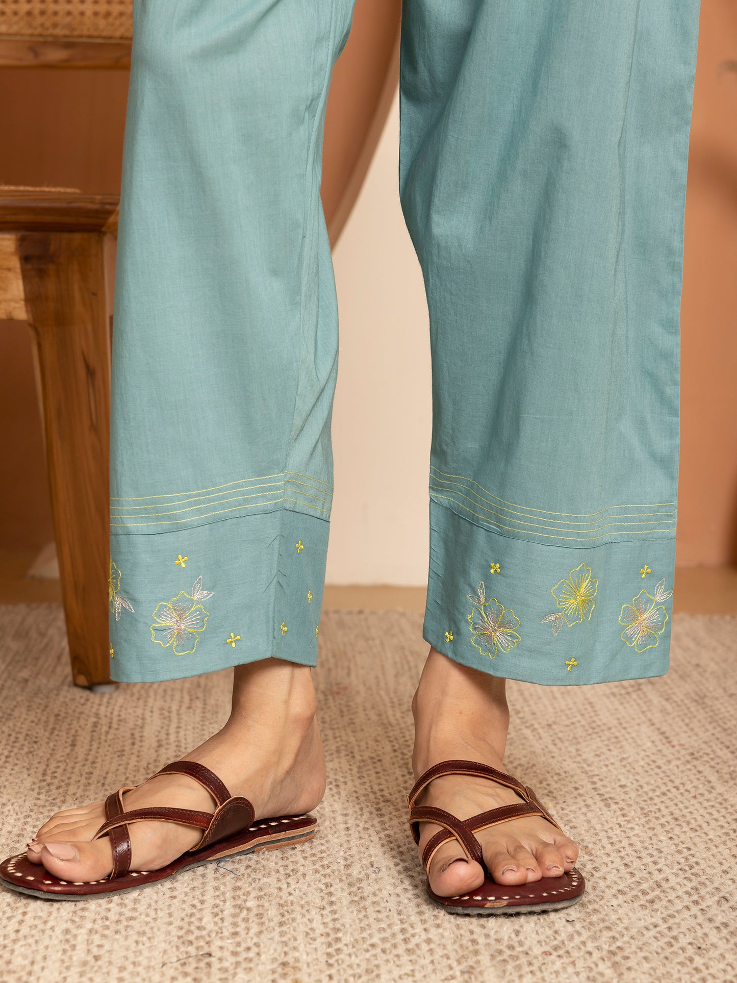 light blue and sea blue ombrey bamboo silk with thread and bead embroidery kurta set