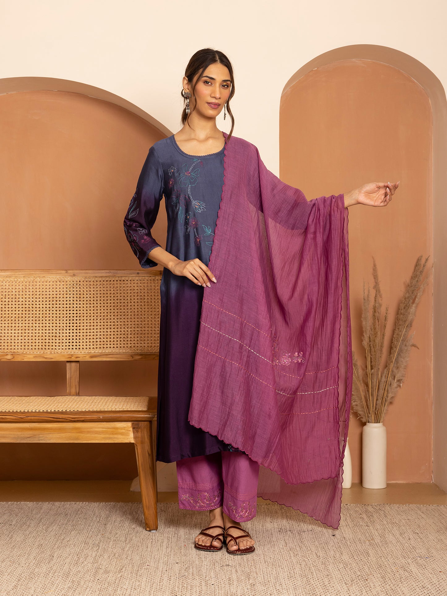 blue and purple ombrey bamboo silk with thread and bead embroidery kurta