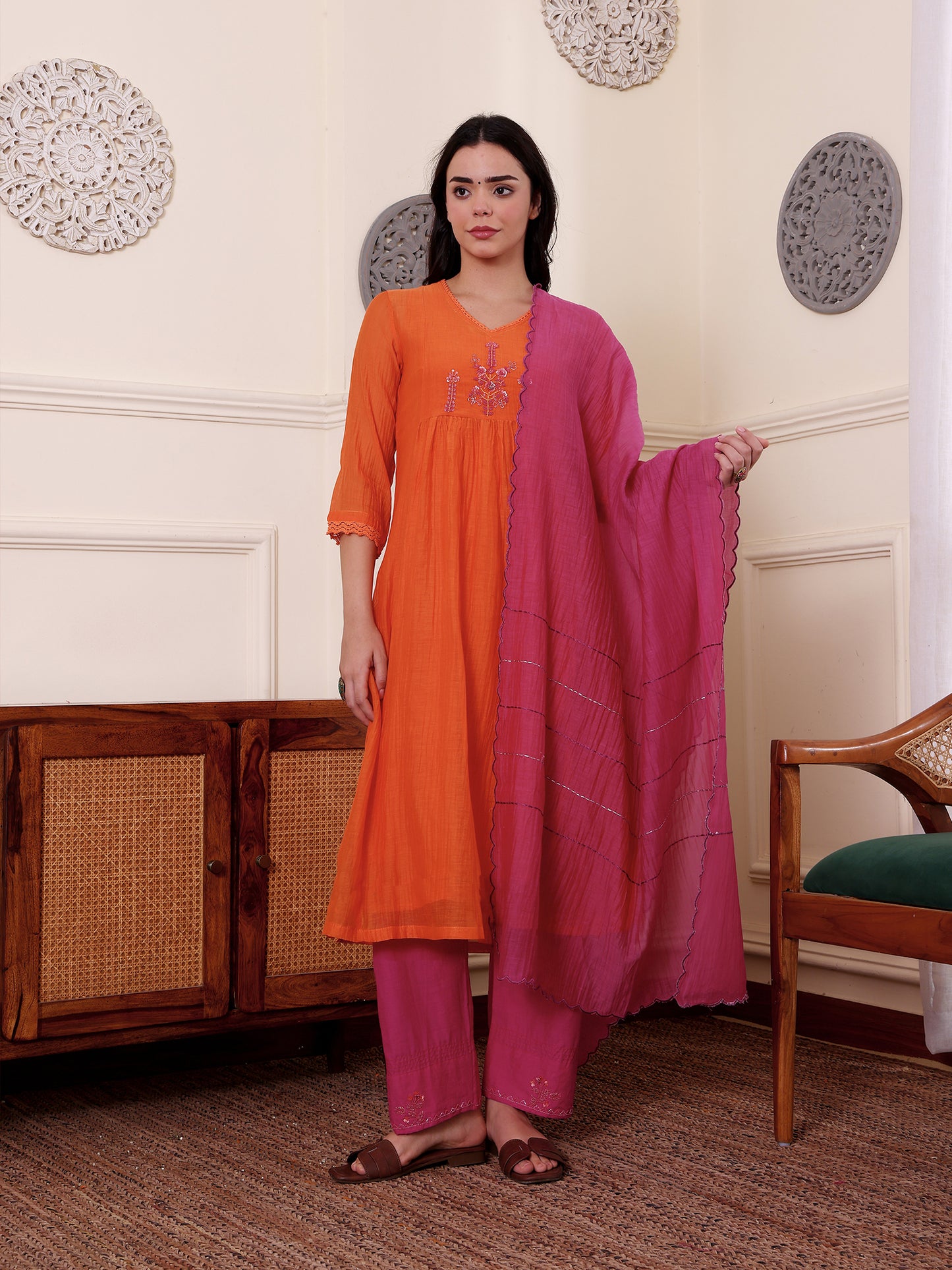 Orange mul chanderi beadwork kurta