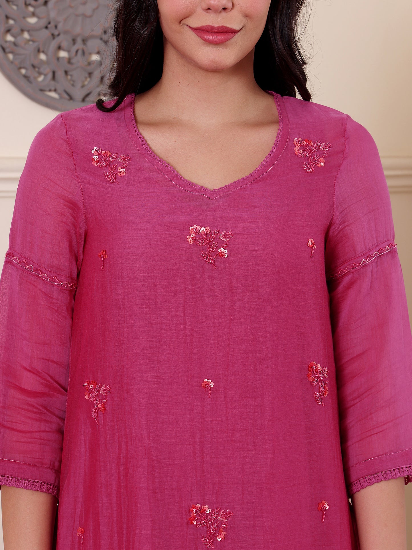 Rani pink mul Chanderi bead work Kurta