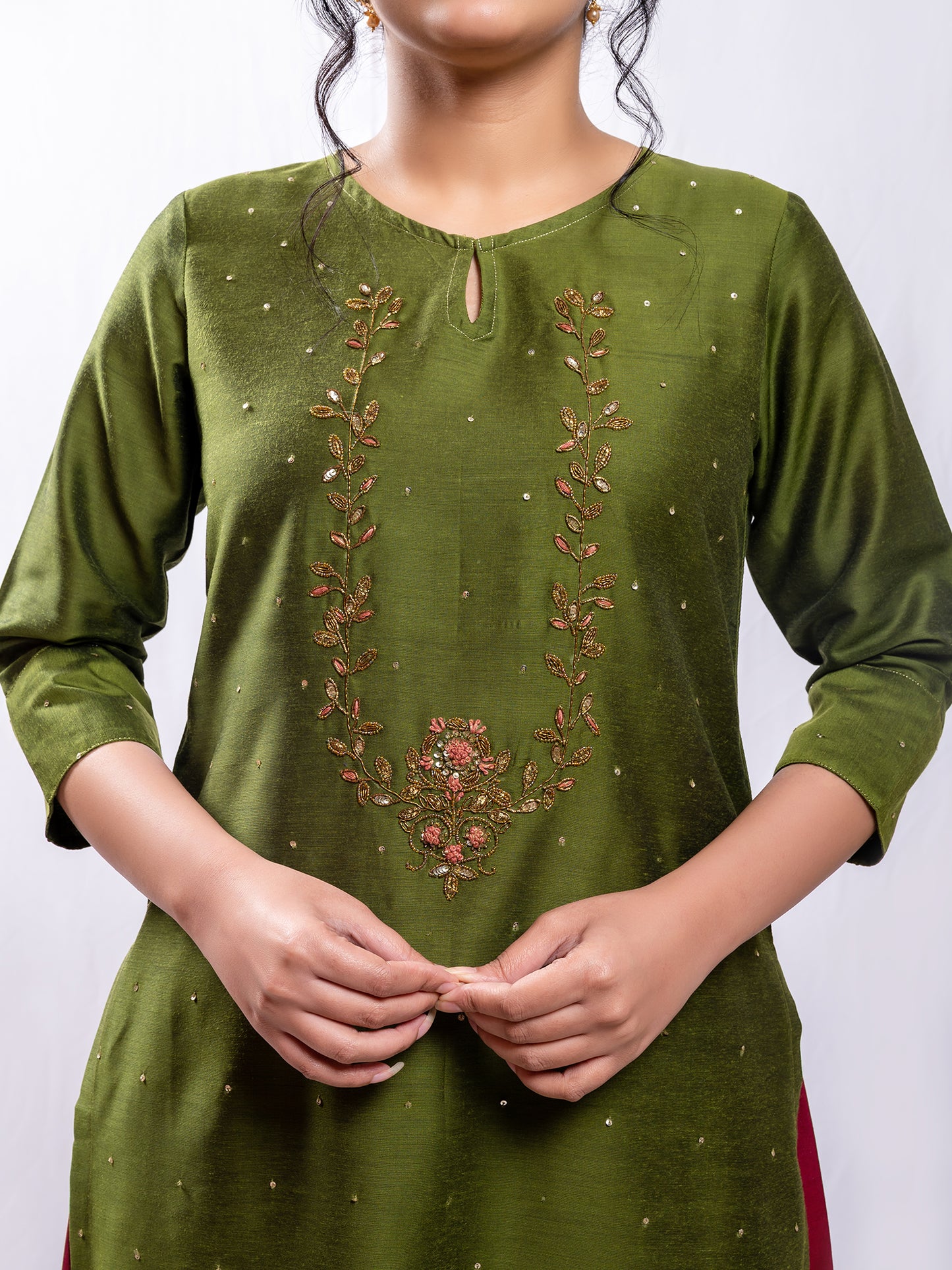 Mehndi green cotton silk aari hand embroidery kurta