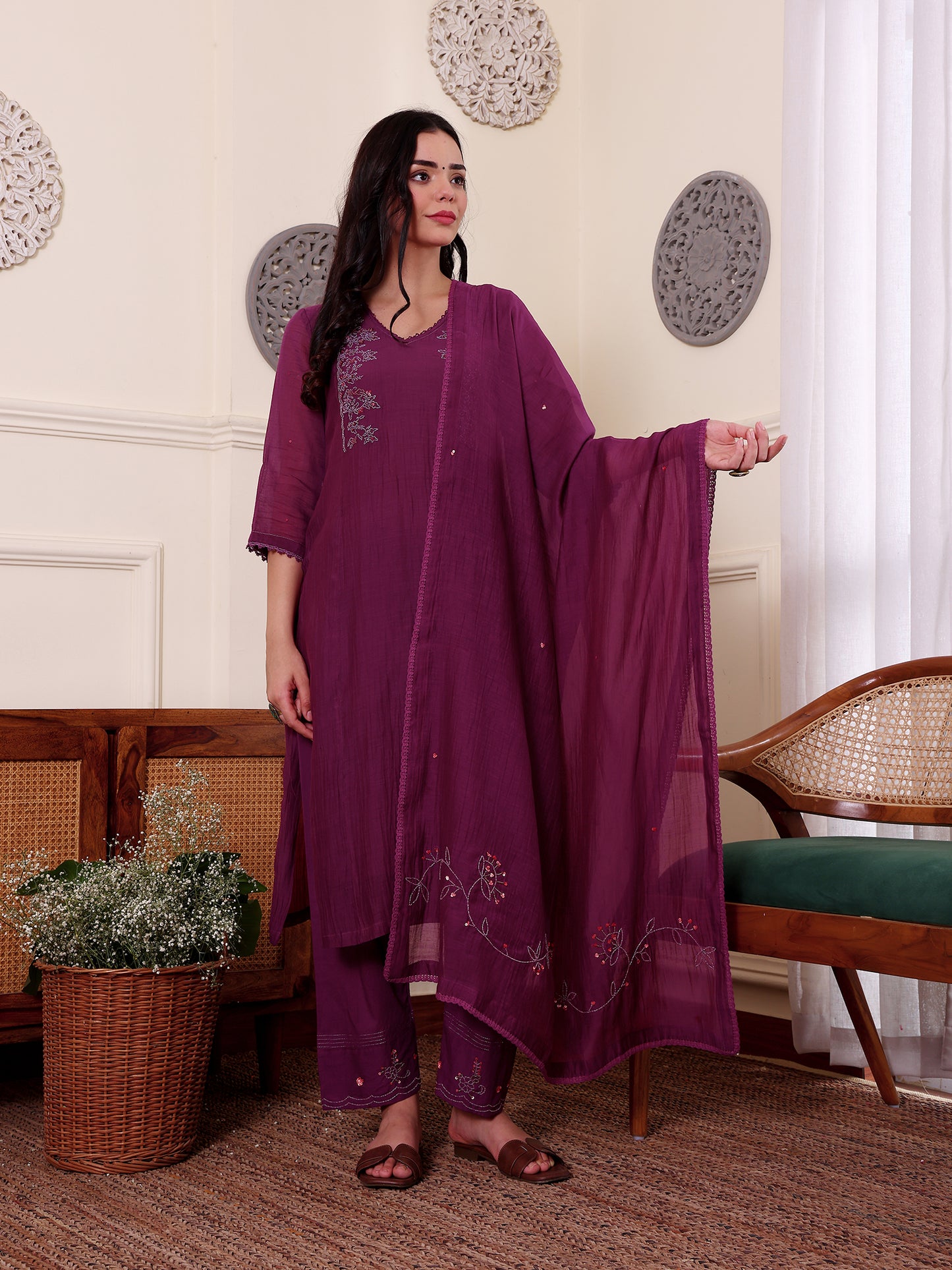 Purple mul chanderi bead work kurta set