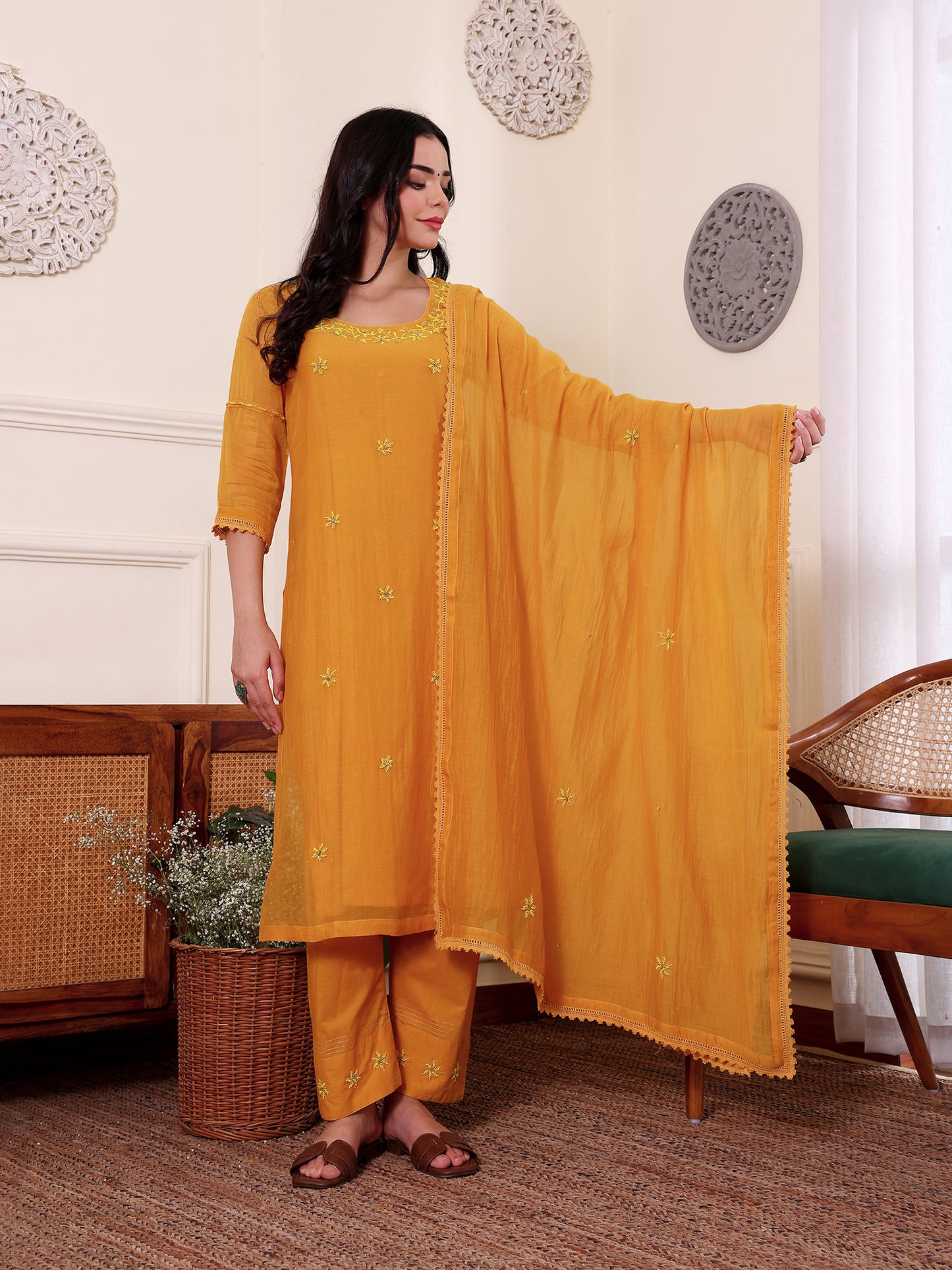 Yellow mul chanderi bead work kurta set