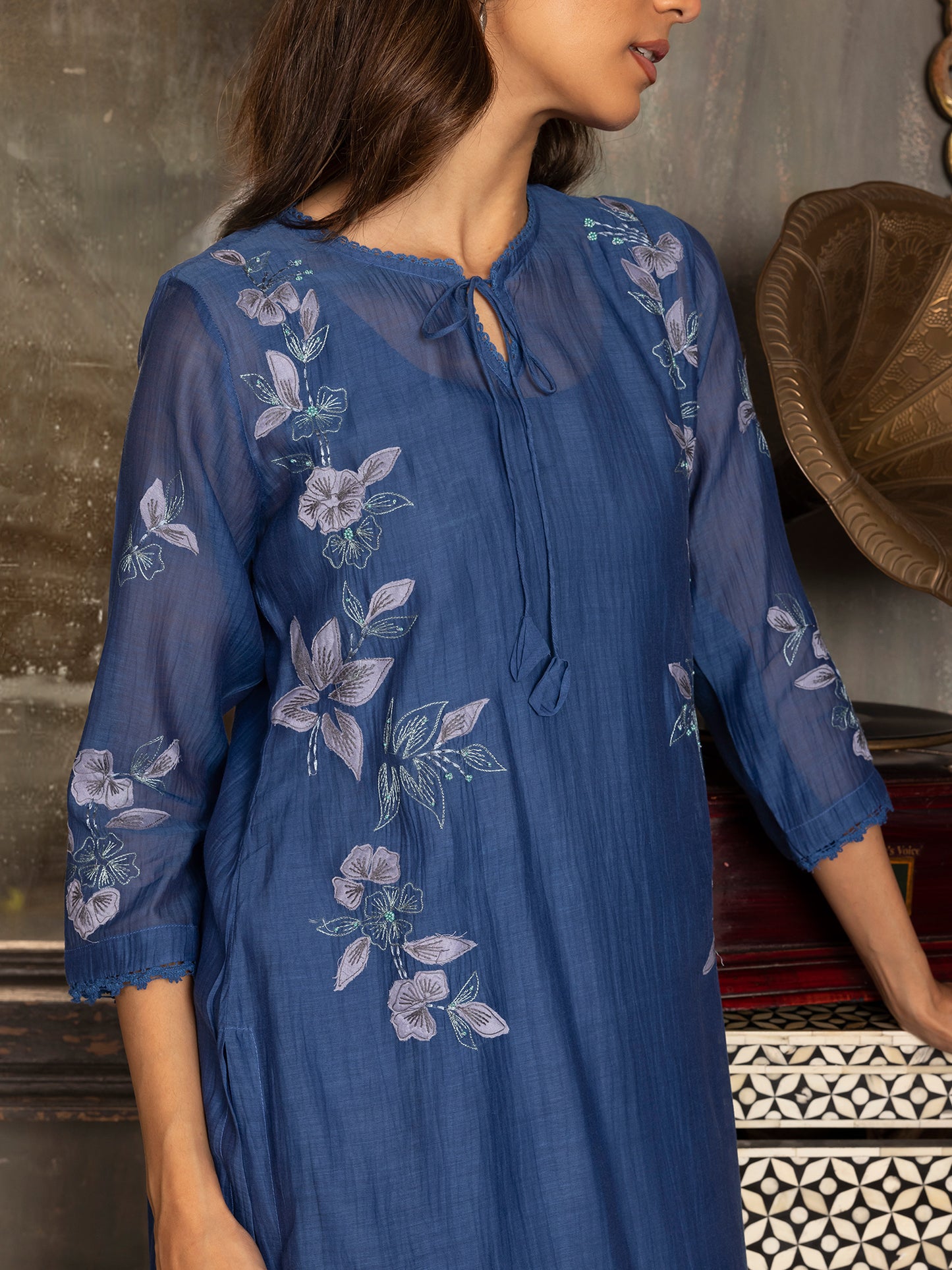 Navy blue mul chanderi thread and fabric cutwork kurta set