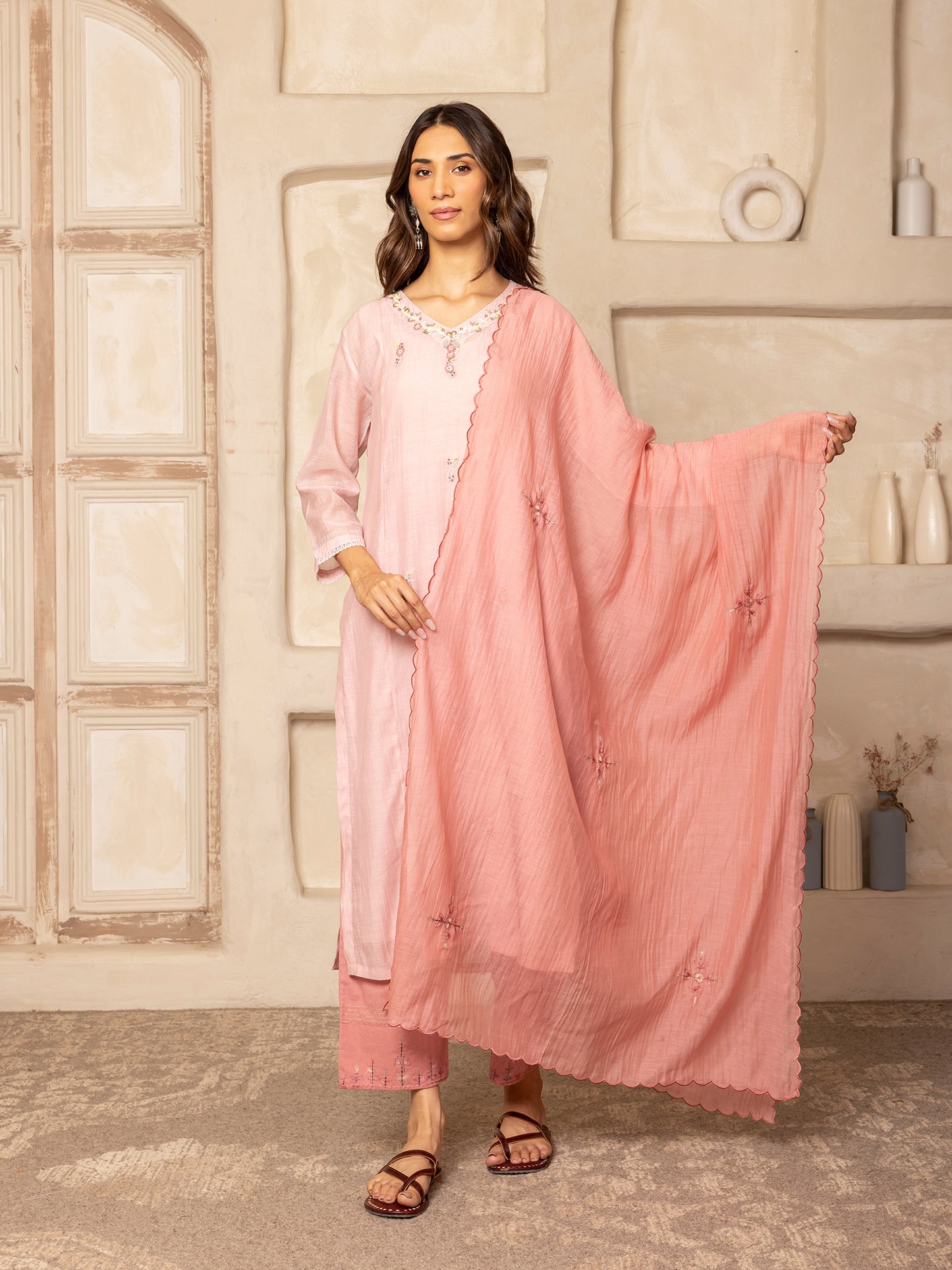Peach mul chanderi thread with crochet hand embroidery kurta