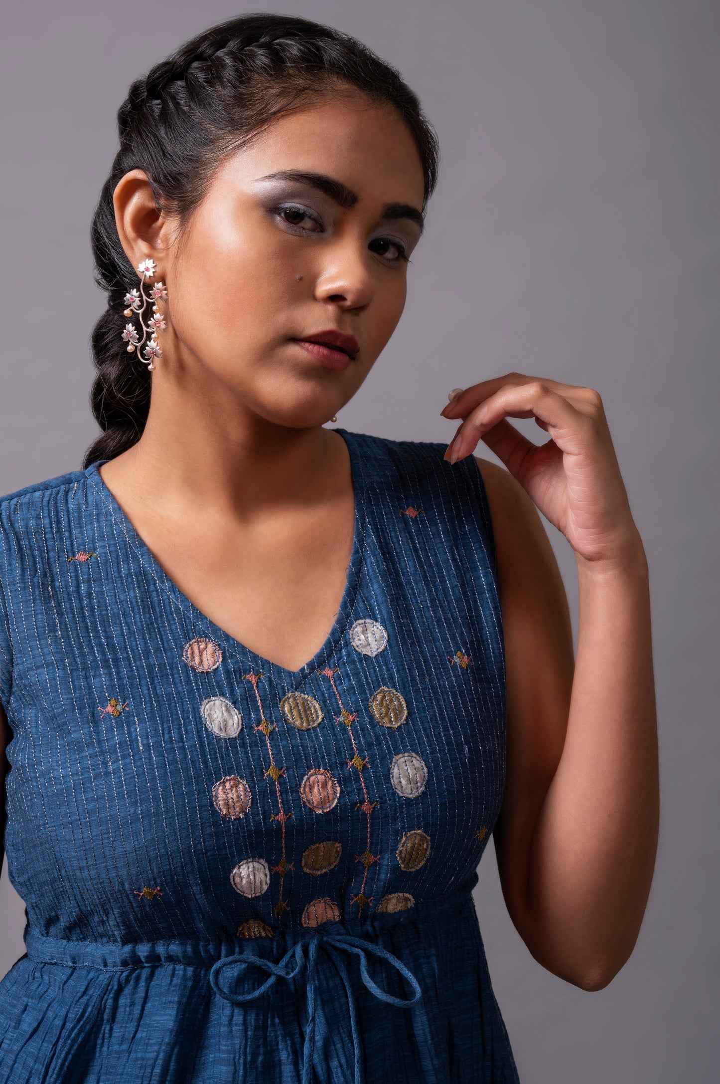 Navy Blue Khadi Chanderi Flared Dress