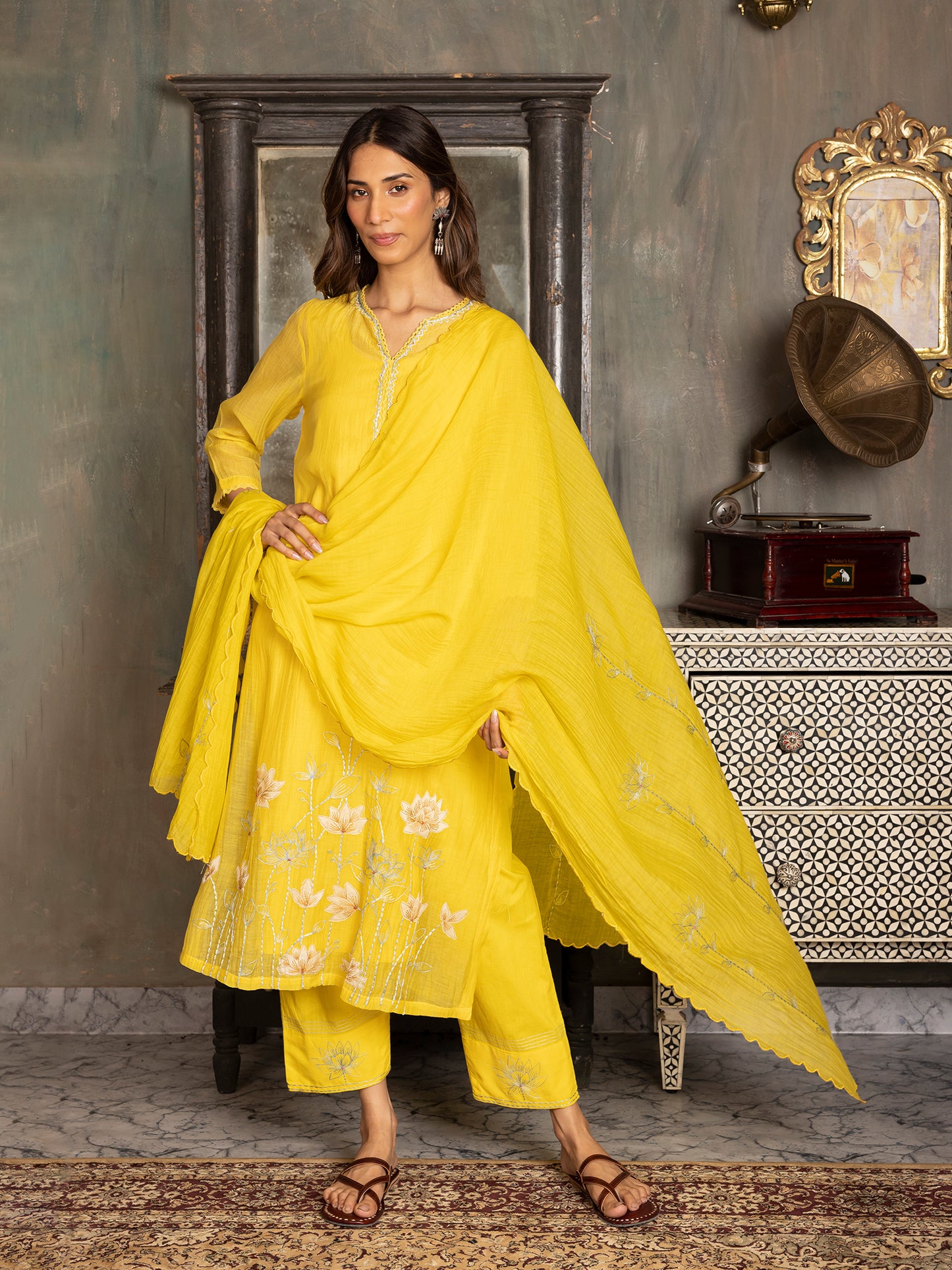 Lemon yellow mul chanderi thread and fabric cutwork work kurta set