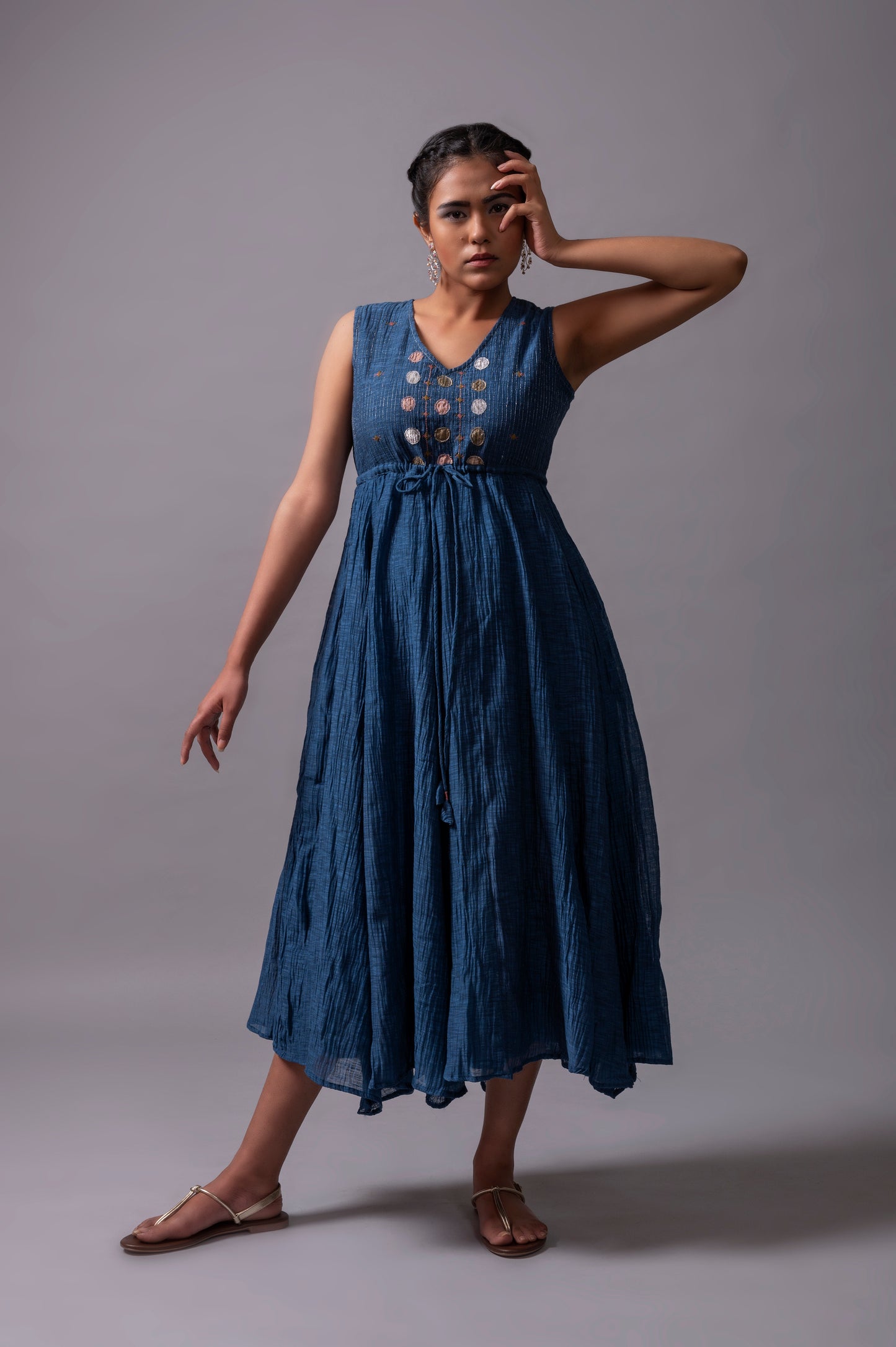 Navy Blue Khadi Chanderi Flared Dress