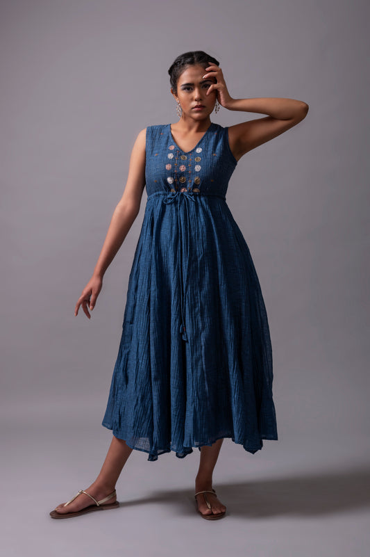 Navy Blue Khadi Chanderi Flared Dress