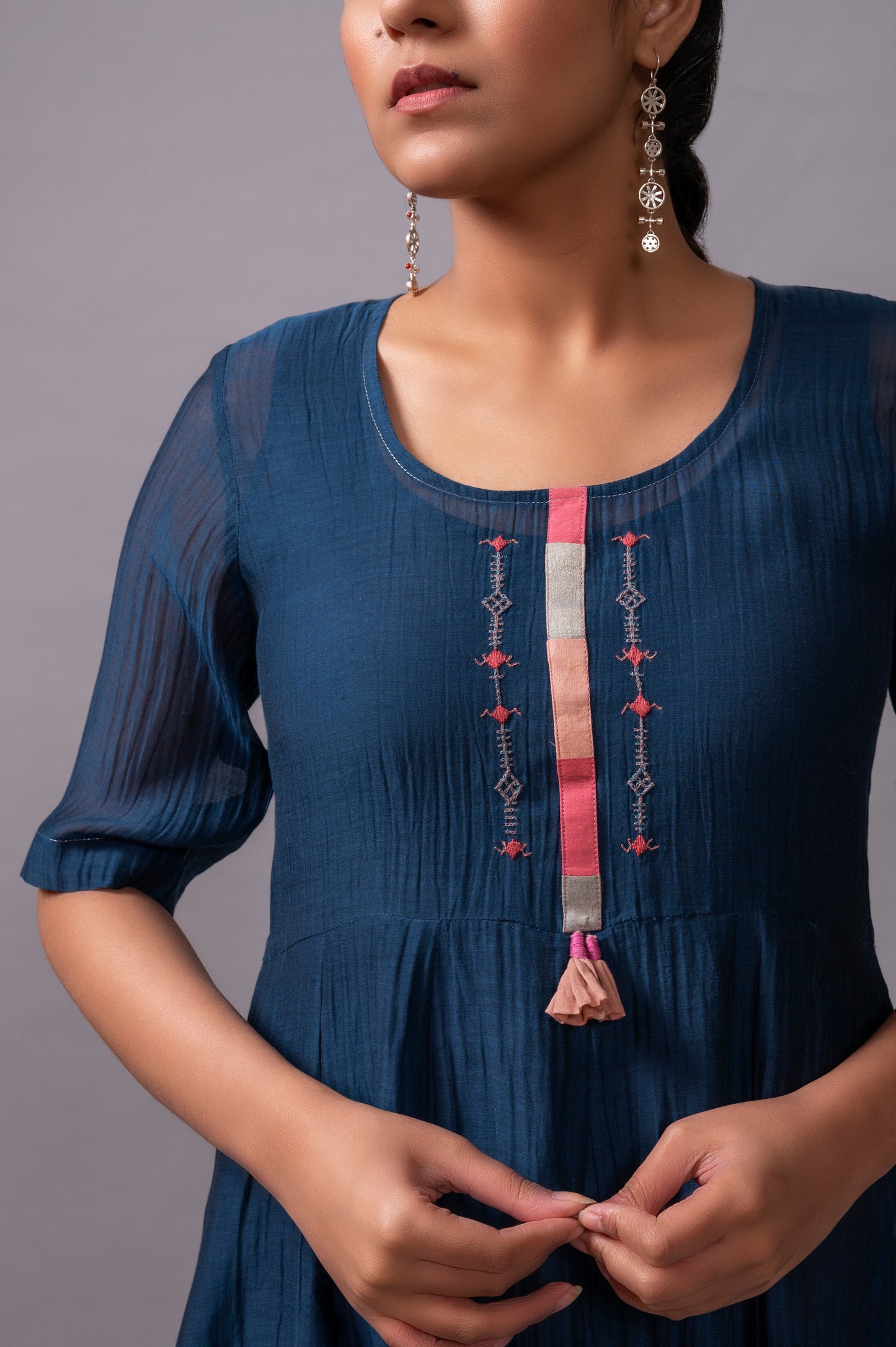 Navy Blue Fine Chanderi Flared Dress