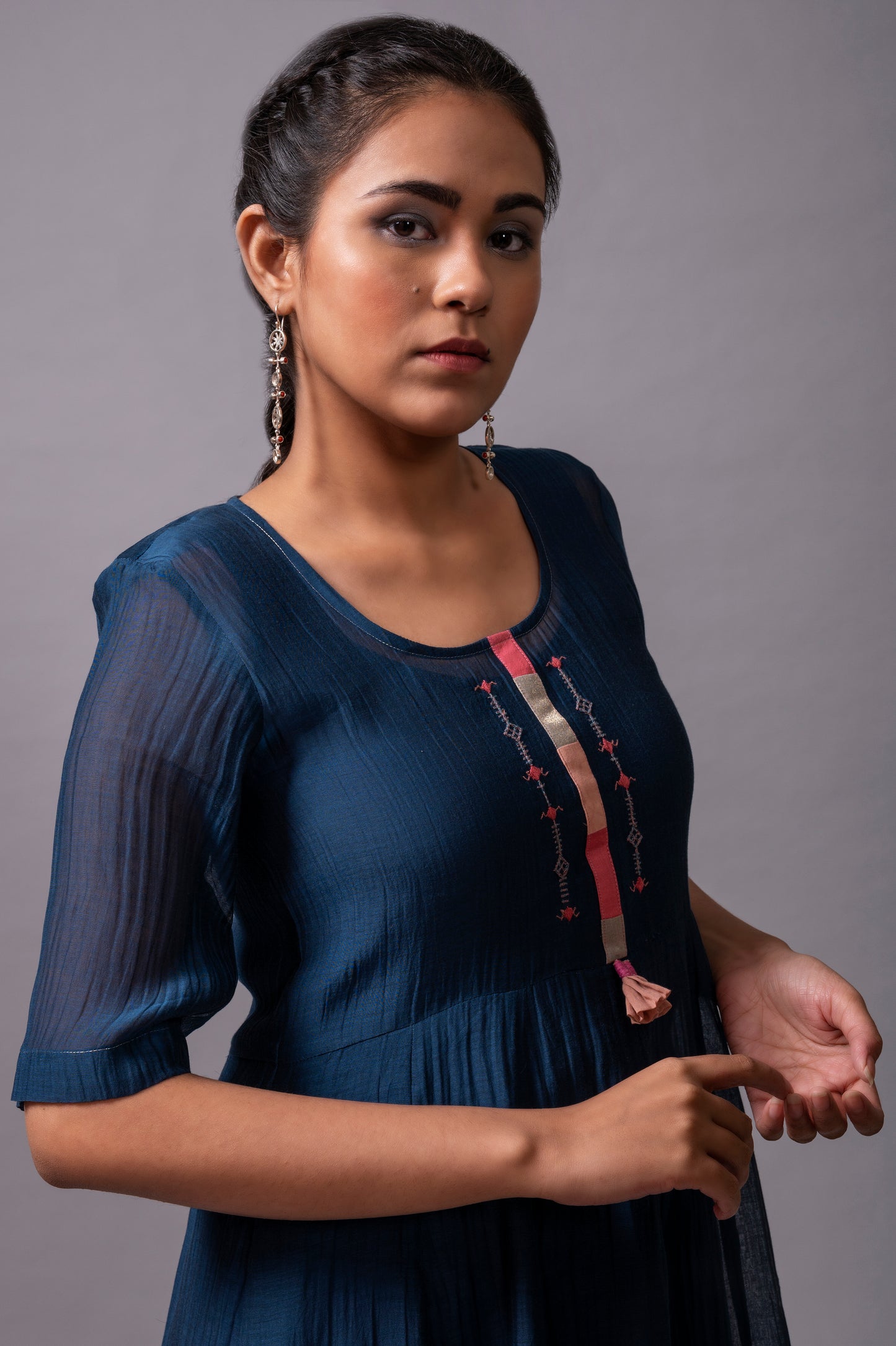 Navy Blue Fine Chanderi Flared Dress