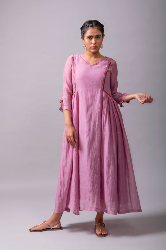 Mauve Fine Chanderi Flared Dress