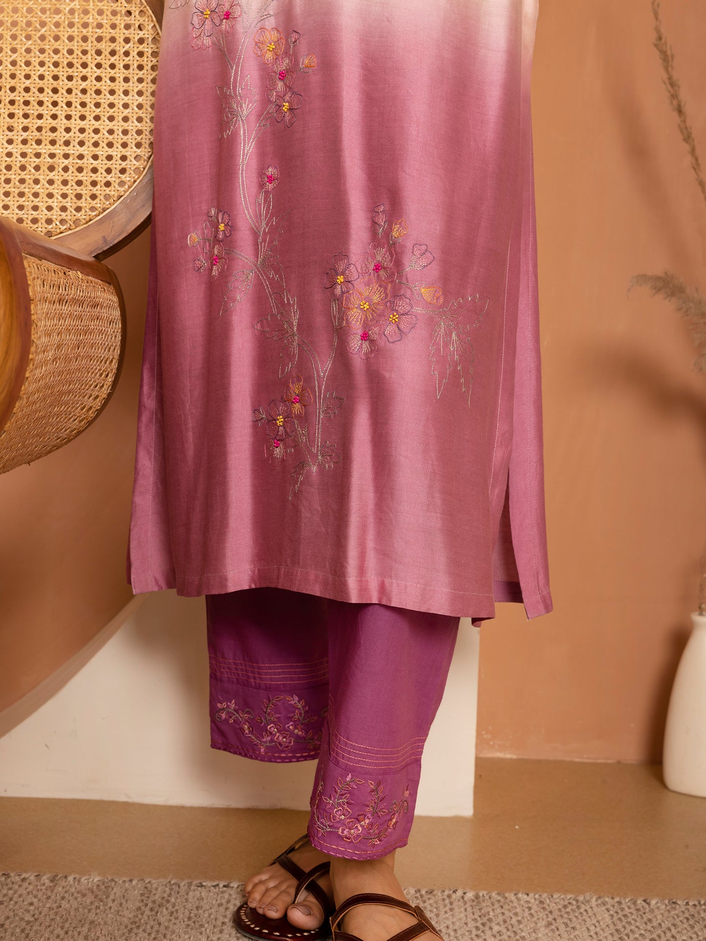Light pink and purple ombrey bamboo silk with thread and bead embroidery kurta