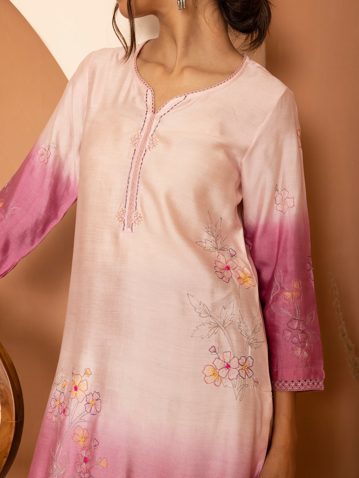 Light pink and purple ombrey bamboo silk with thread and bead embroidery kurta