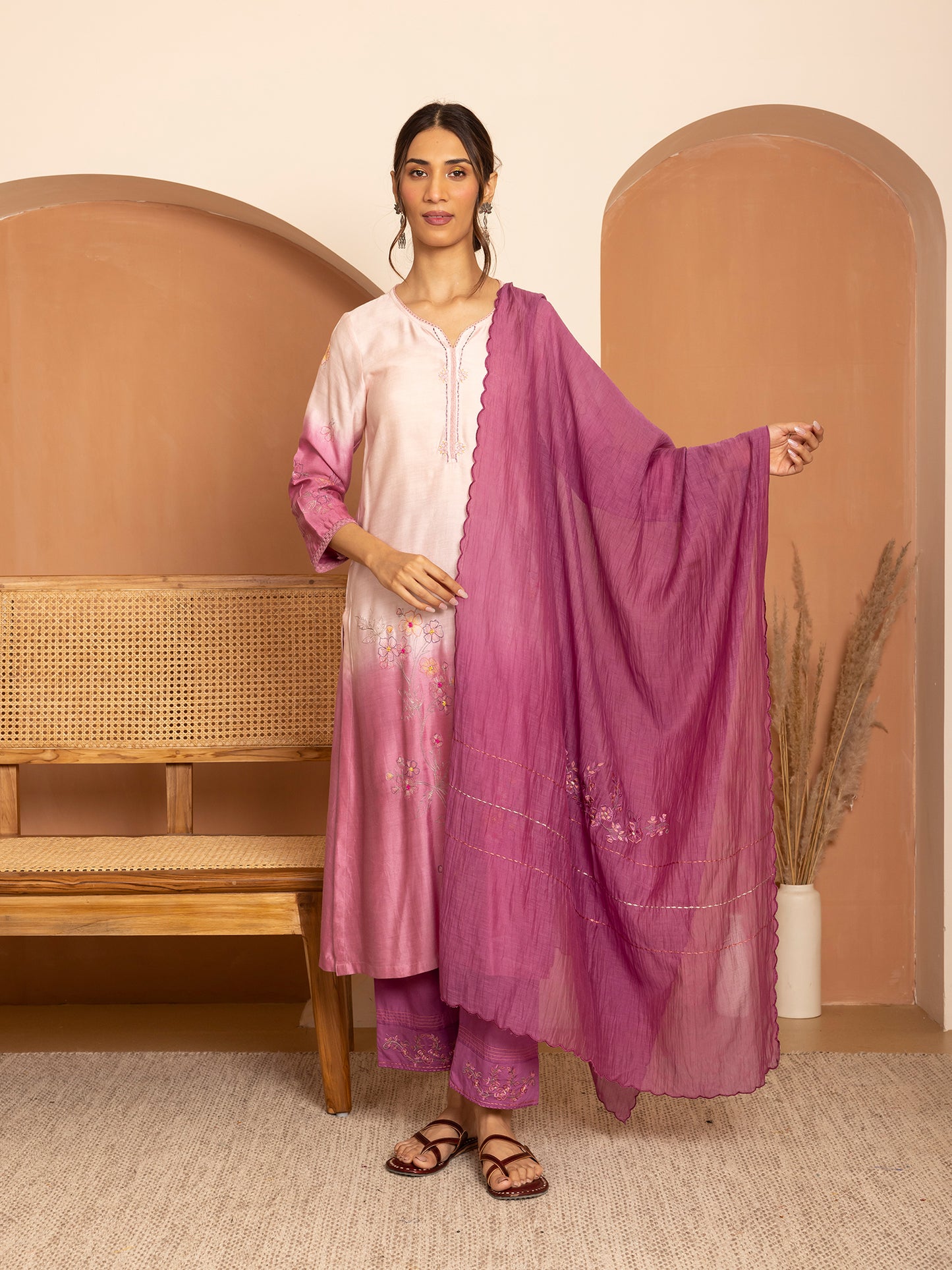 Light pink and purple ombrey bamboo silk with thread and bead embroidery kurta
