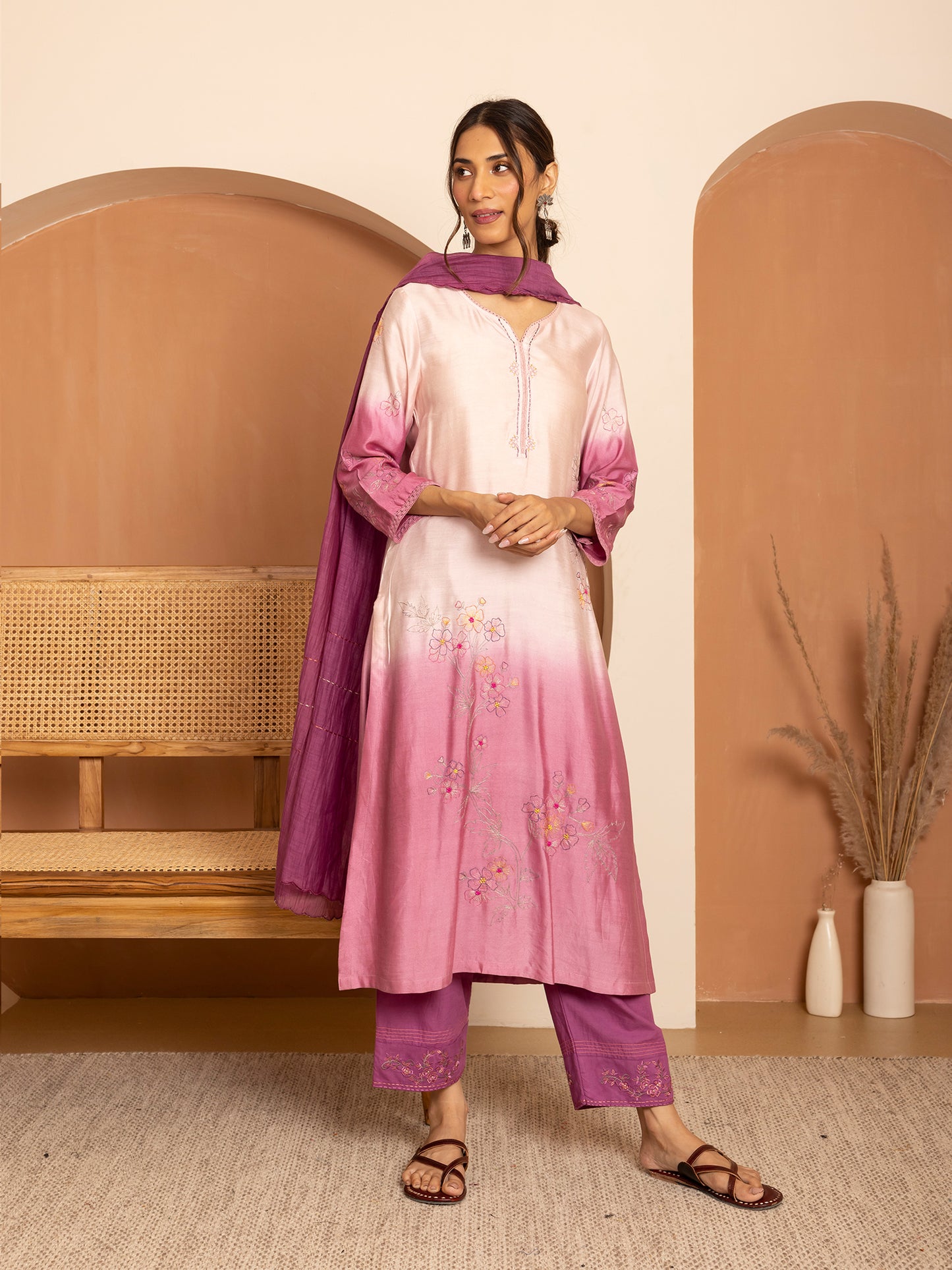 Light pink and purple ombrey bamboo silk with thread and bead embroidery kurta