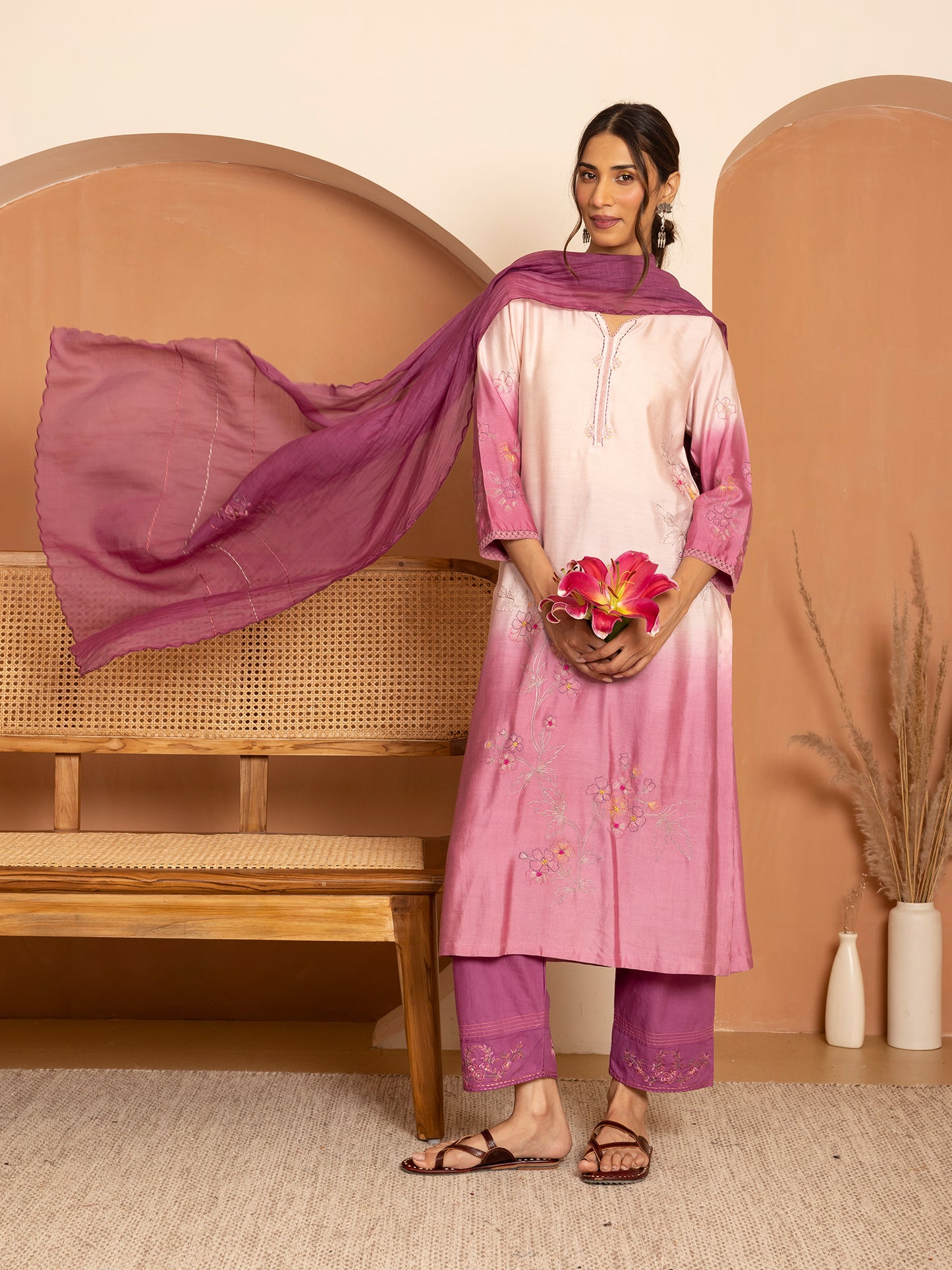 Light pink and purple ombrey bamboo silk with thread and bead embroidery kurta