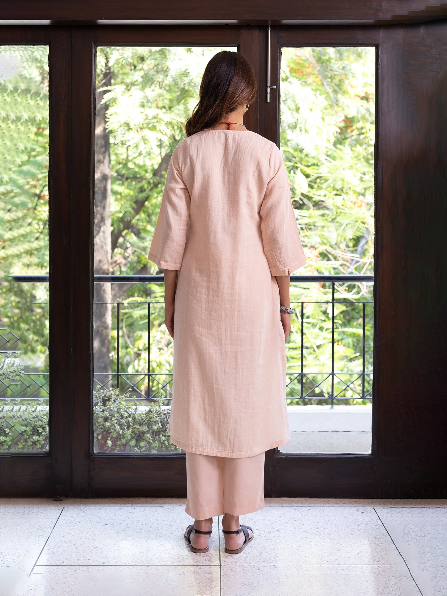Peach cotton doriwork kurta