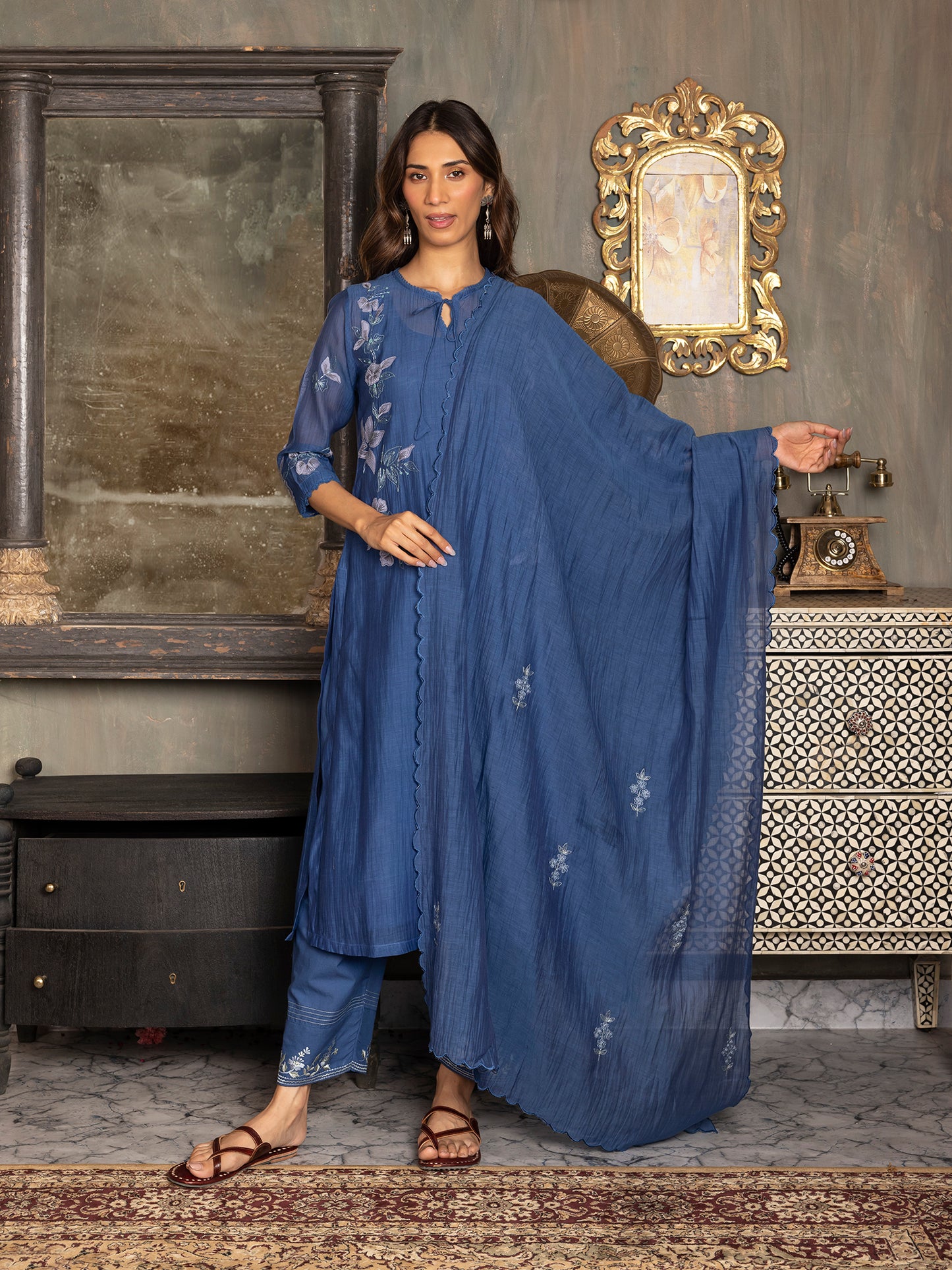 Navy blue mul chanderi thread and fabric cutwork kurta set