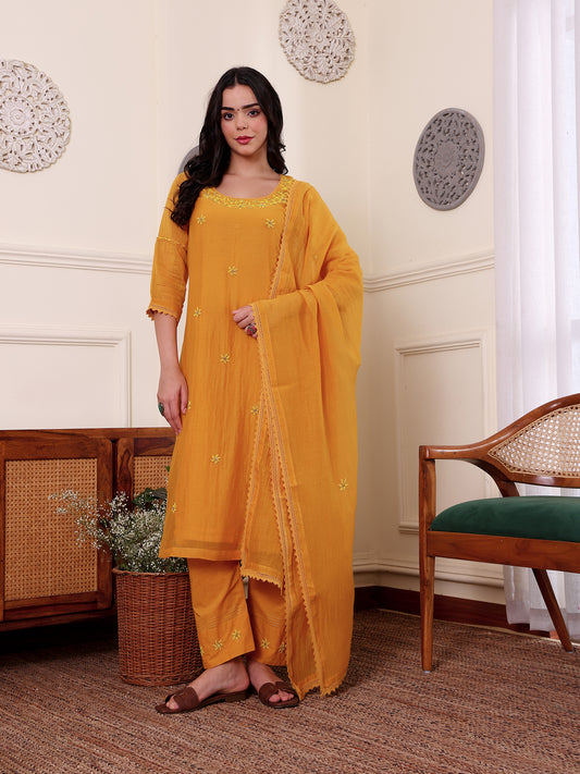Yellow mul chanderi bead work kurta set