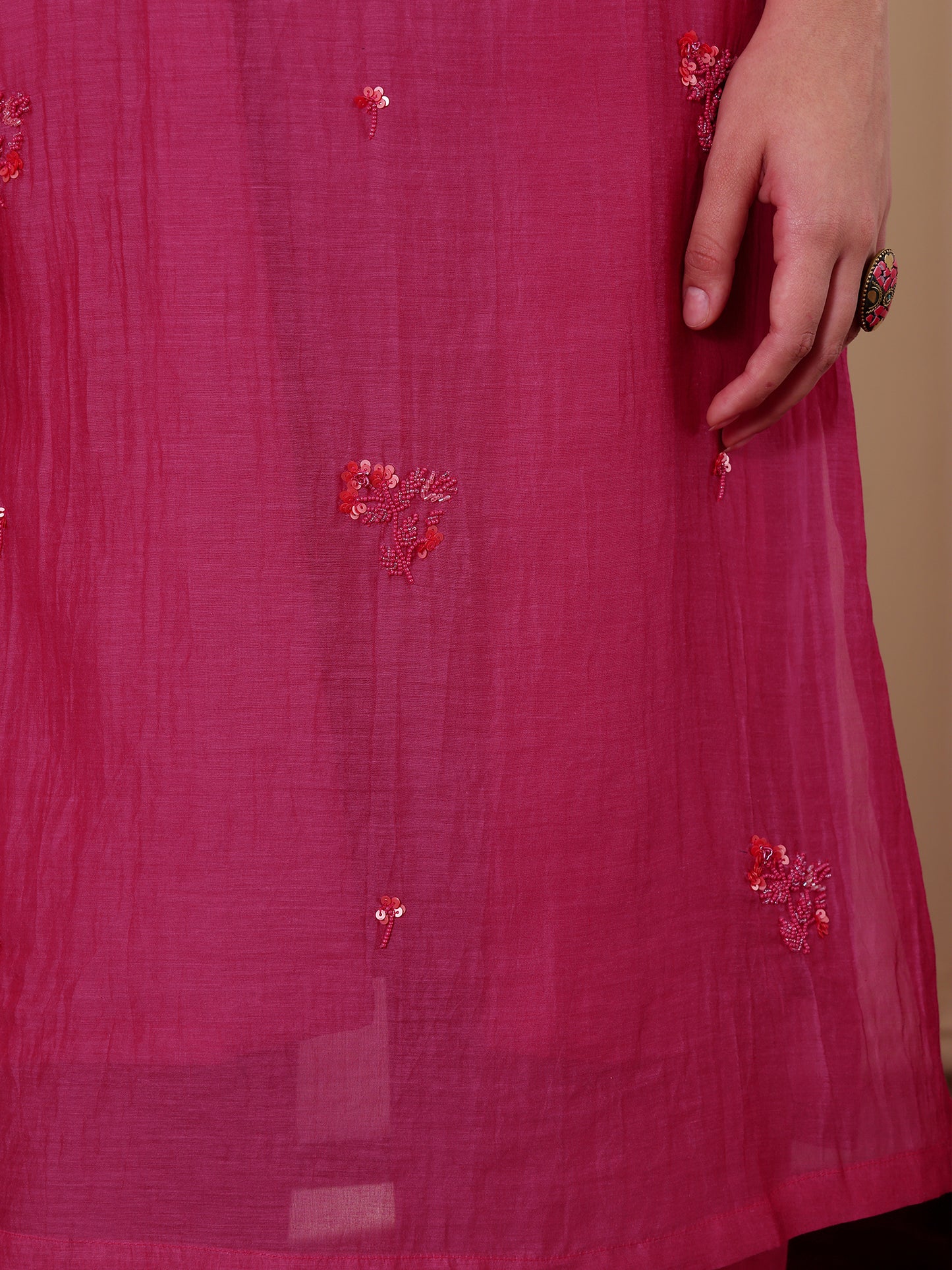 Rani pink mul Chanderi bead work Kurta