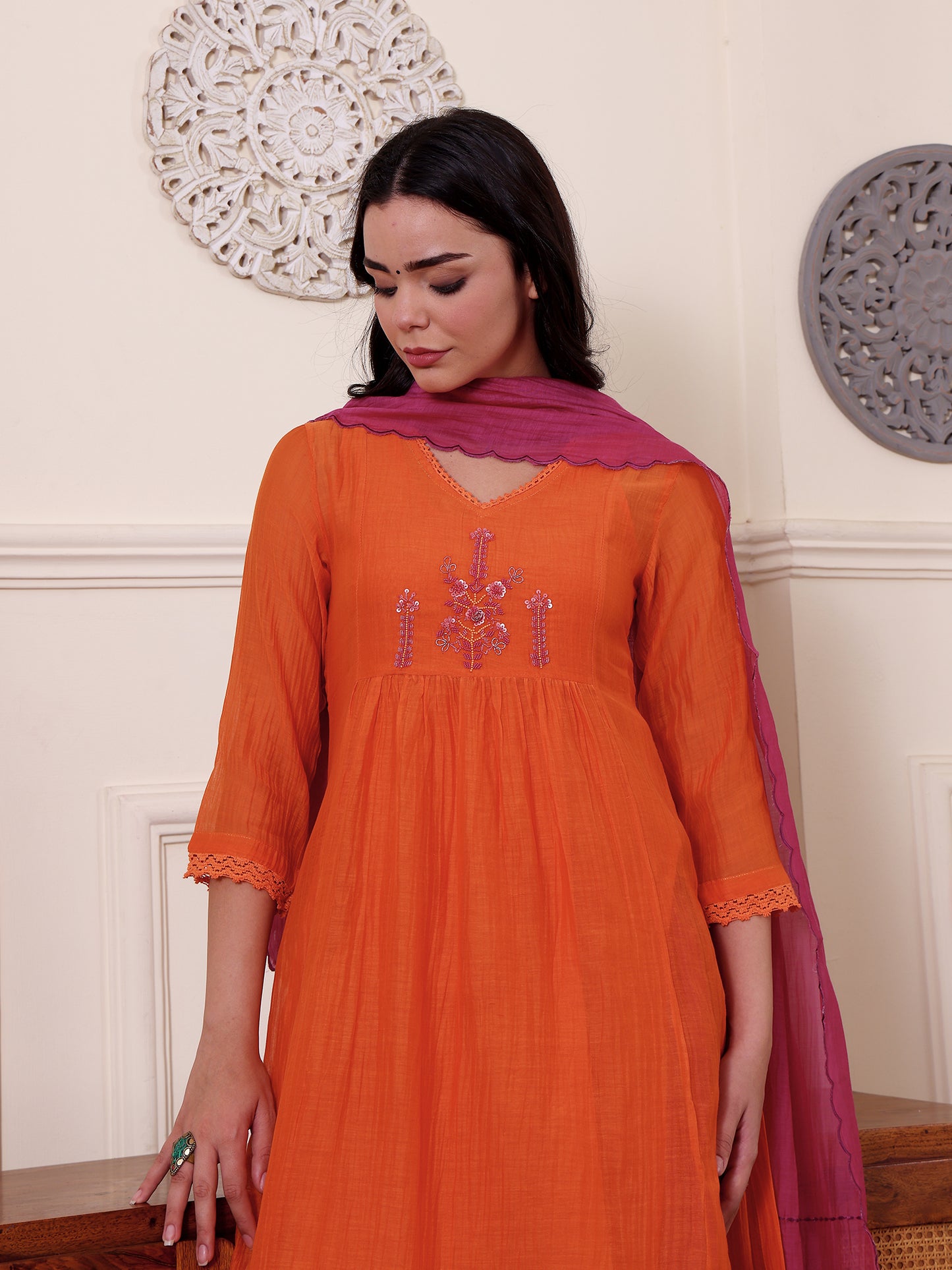 Orange mul chanderi beadwork kurta