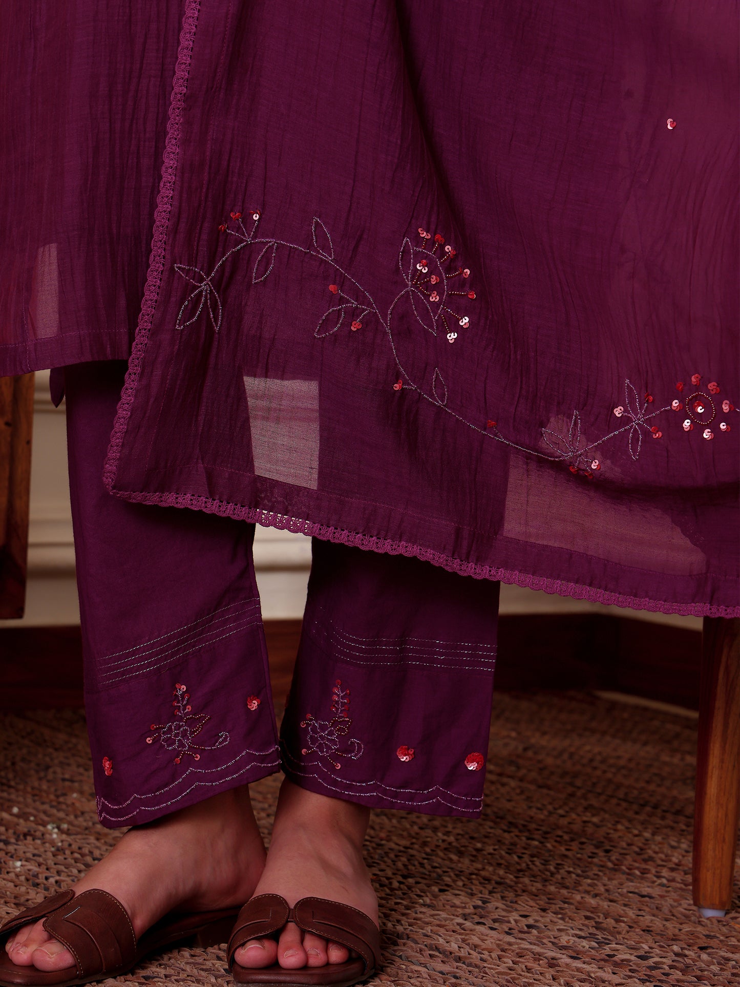 Purple mul chanderi bead work kurta set
