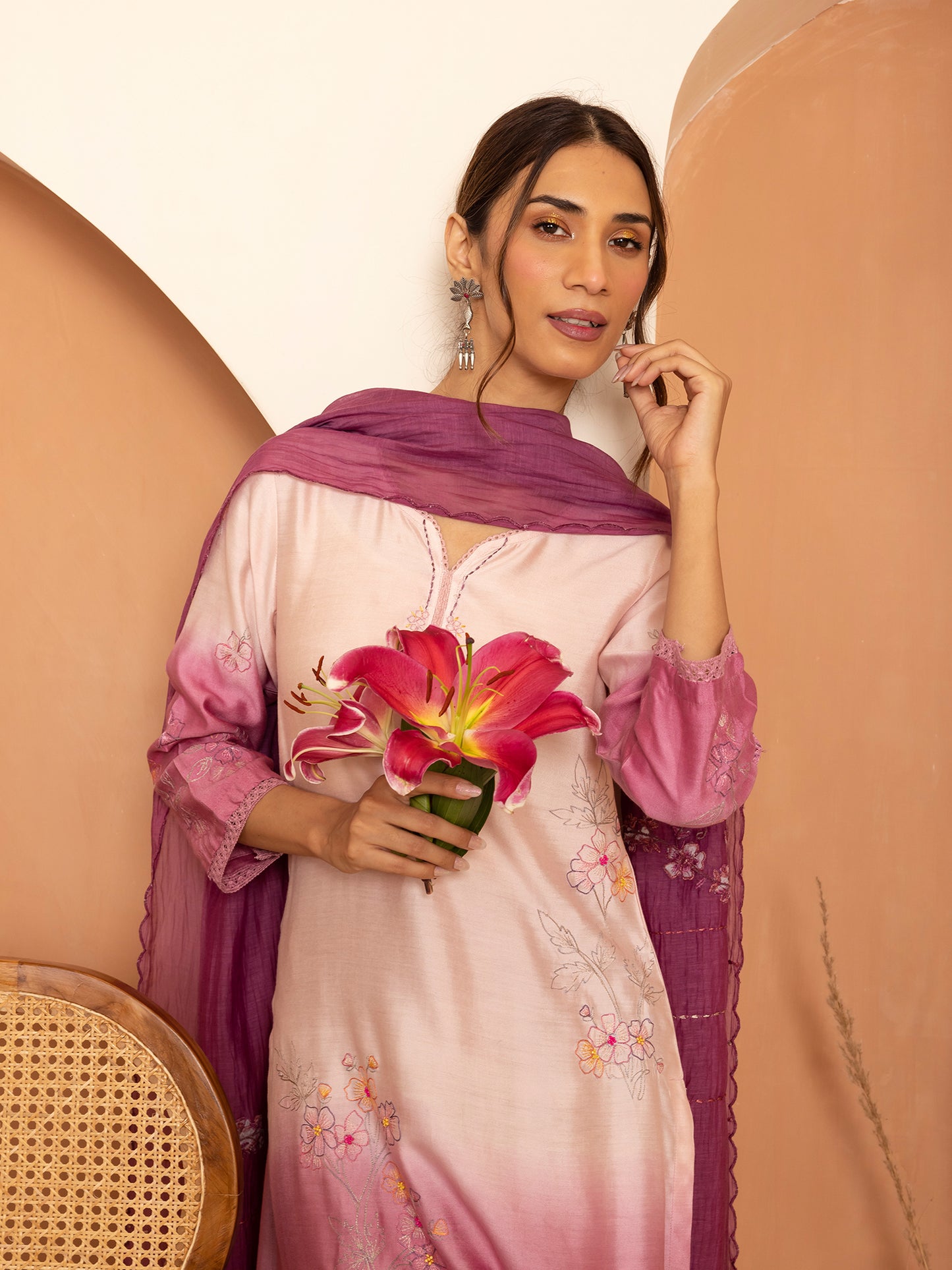 Light pink and purple ombrey bamboo silk with thread and bead embroidery kurta