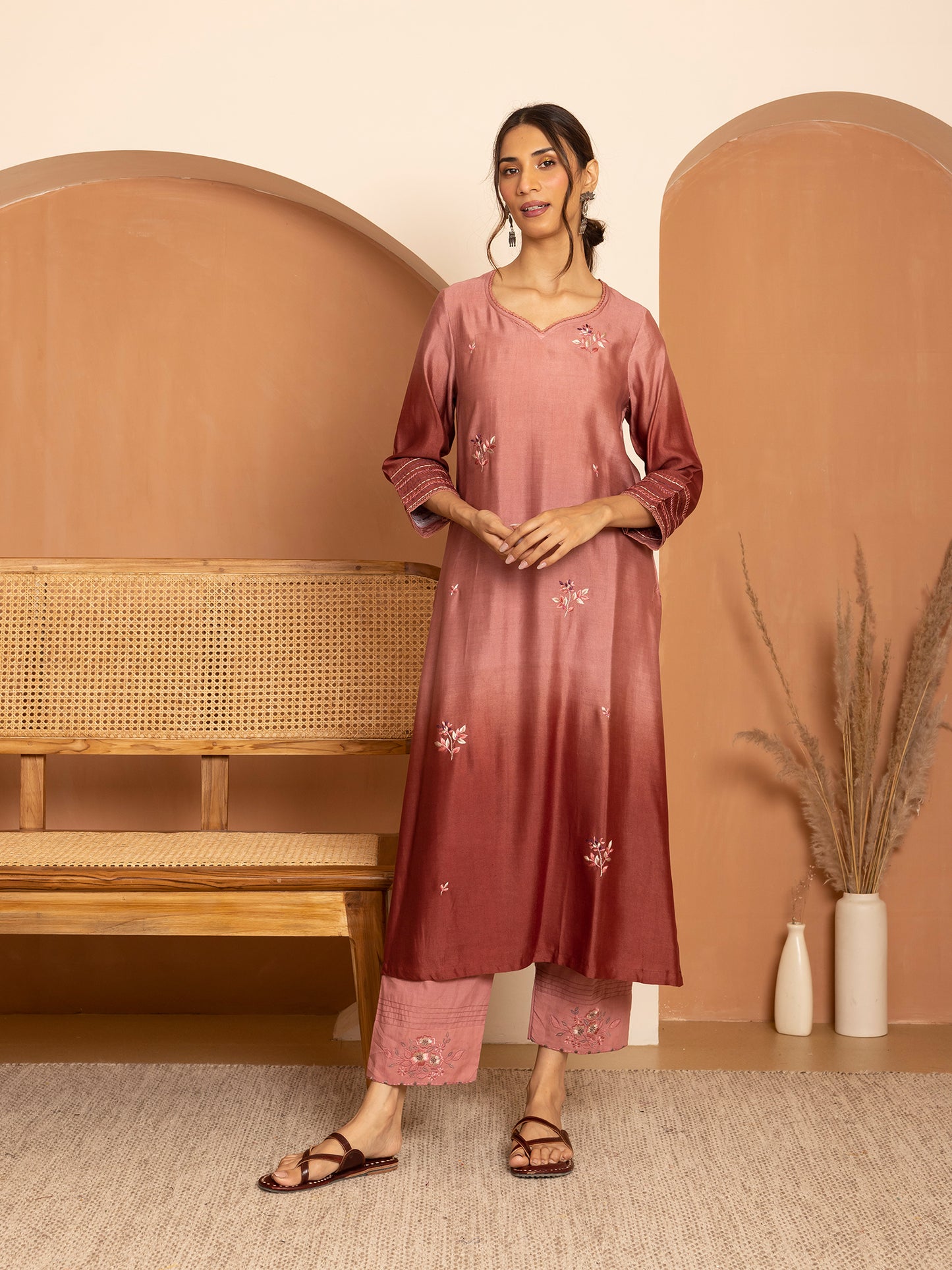 brick with onion pink ombrey bamboo silk with thread and bead embroidery kurta