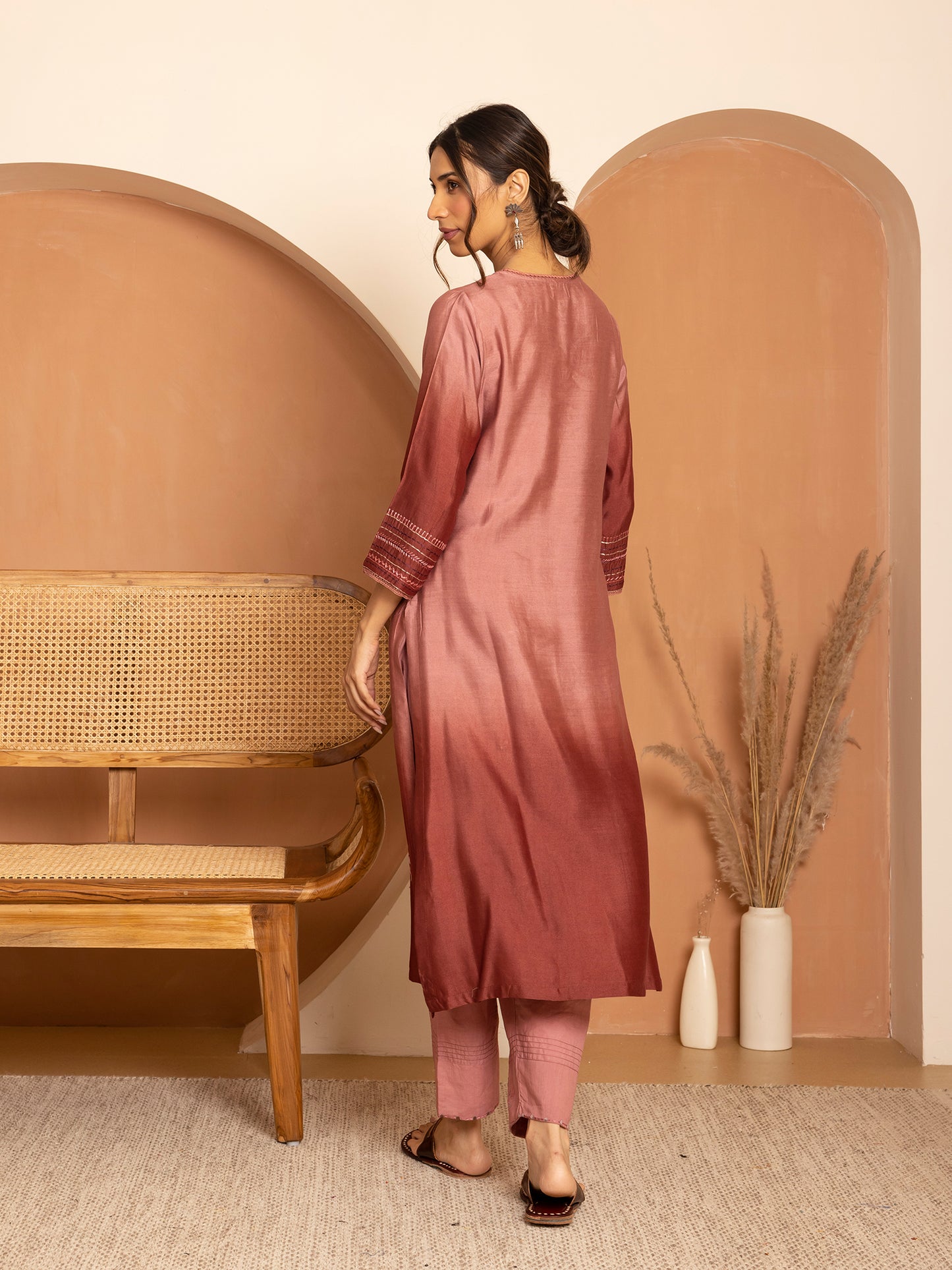 brick with onion pink ombrey bamboo silk with thread and bead embroidery kurta