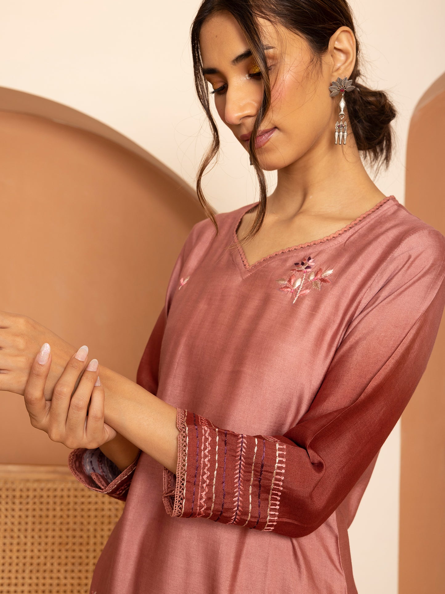 brick with onion pink ombrey bamboo silk with thread and bead embroidery kurta
