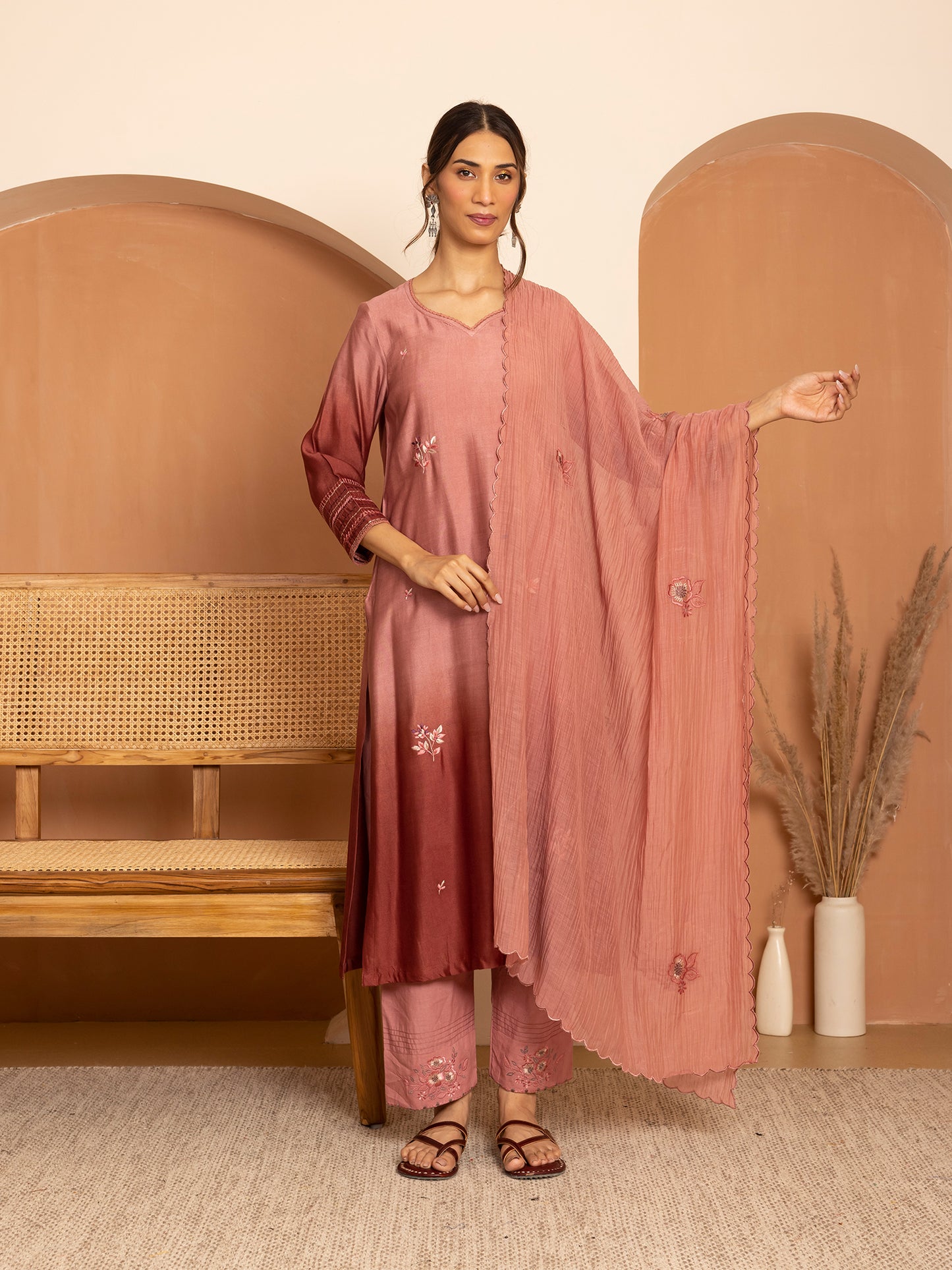 brick with onion pink ombrey bamboo silk with thread and bead embroidery kurta