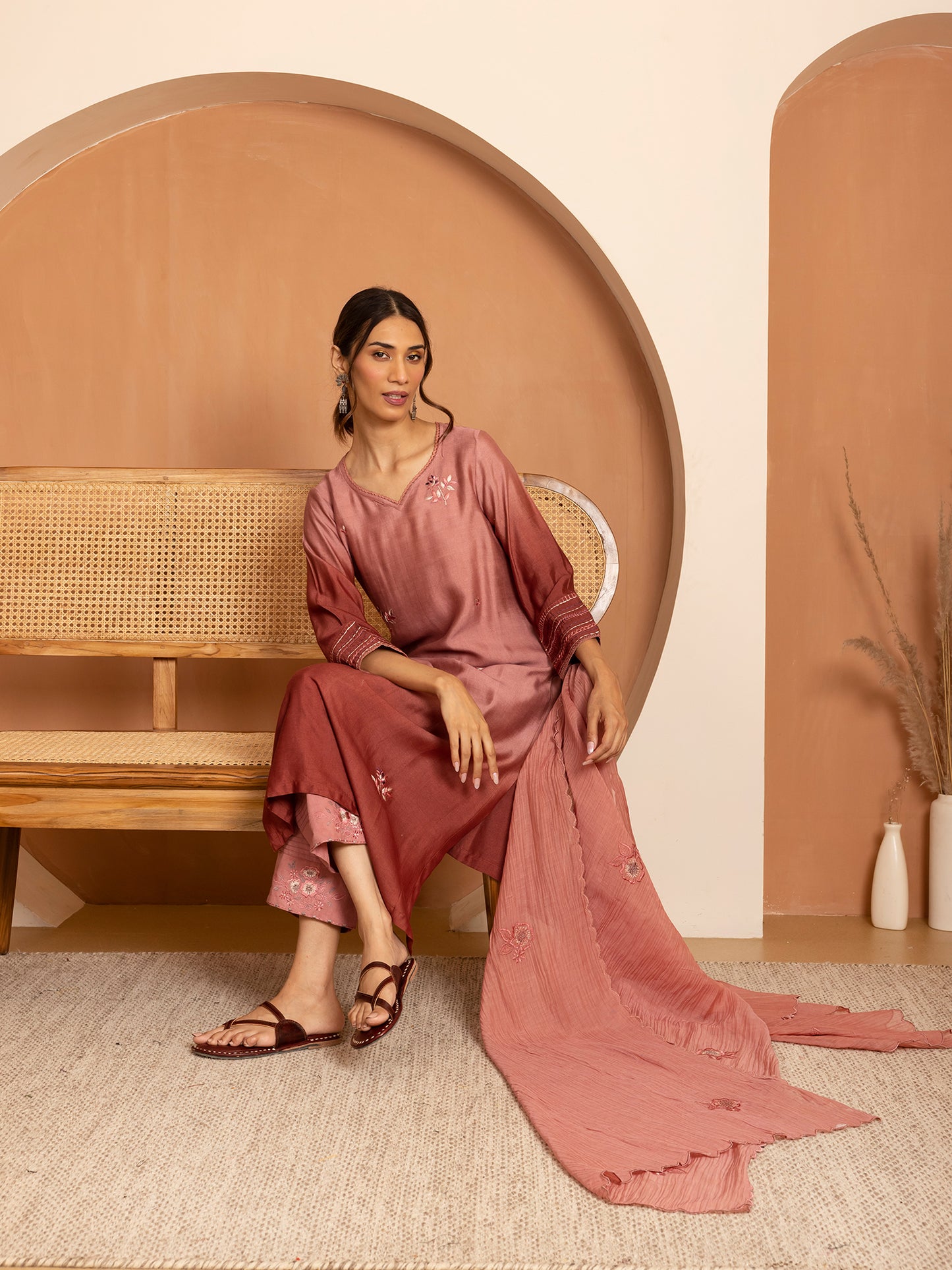 brick with onion pink ombrey bamboo silk with thread and bead embroidery kurta