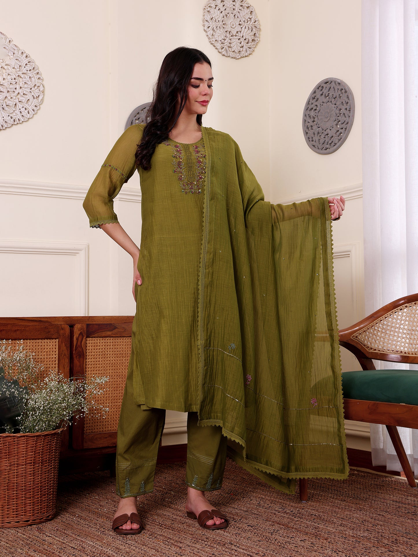 Mehndi green mul chanderi beadwork kurta set