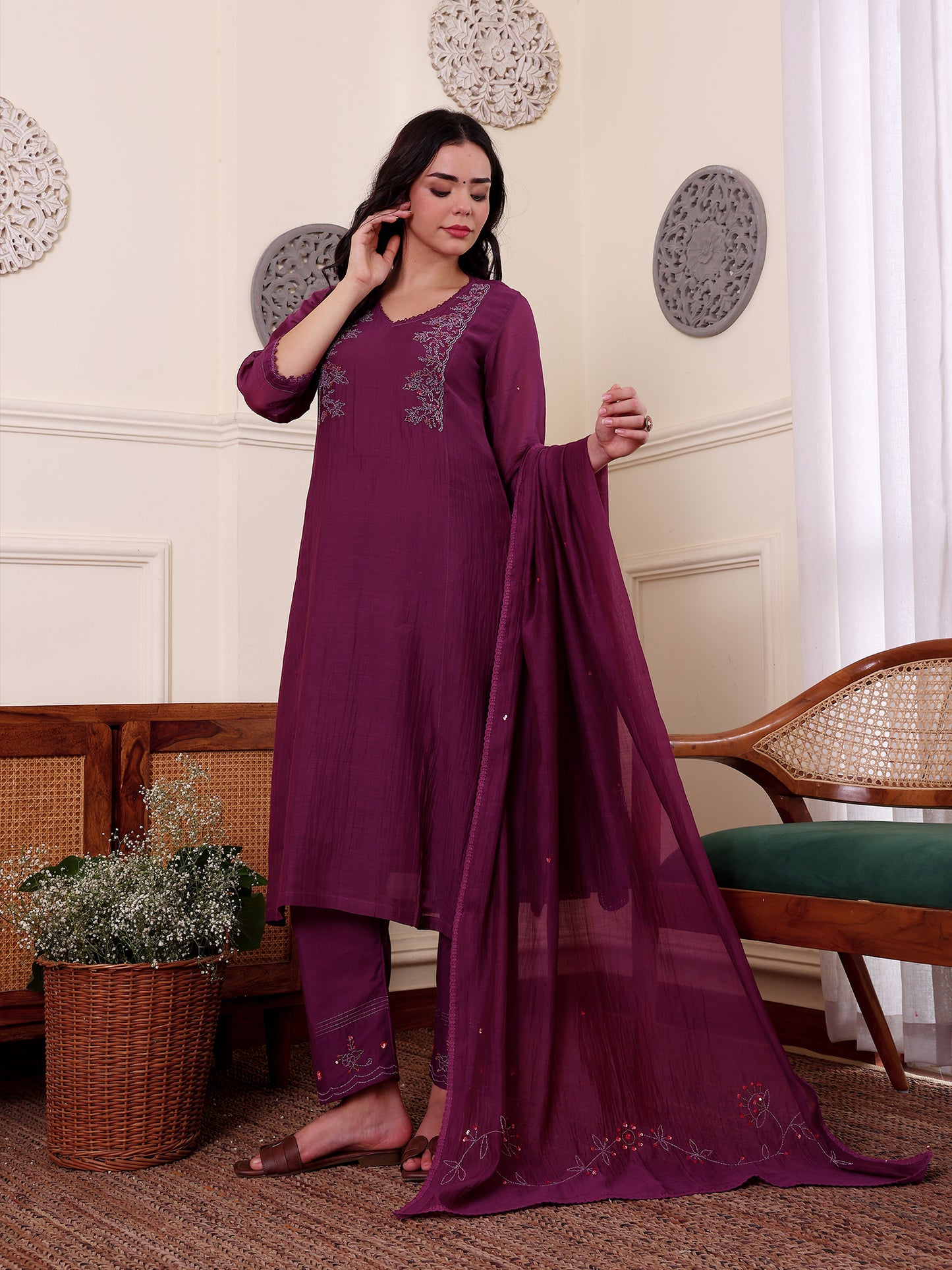 Purple mul chanderi bead work kurta set
