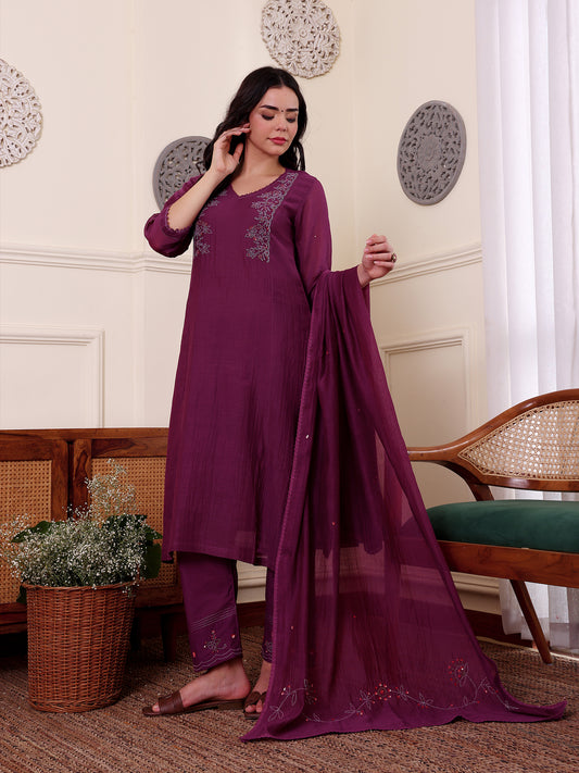 Purple mul chanderi bead work kurta set