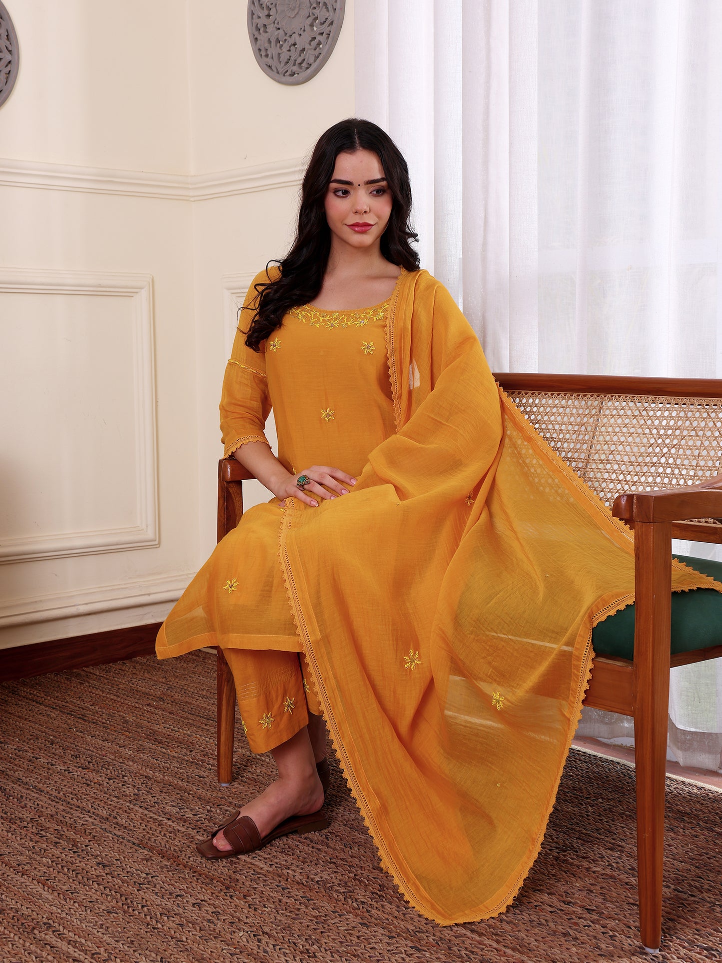 Yellow mul chanderi bead work kurta set