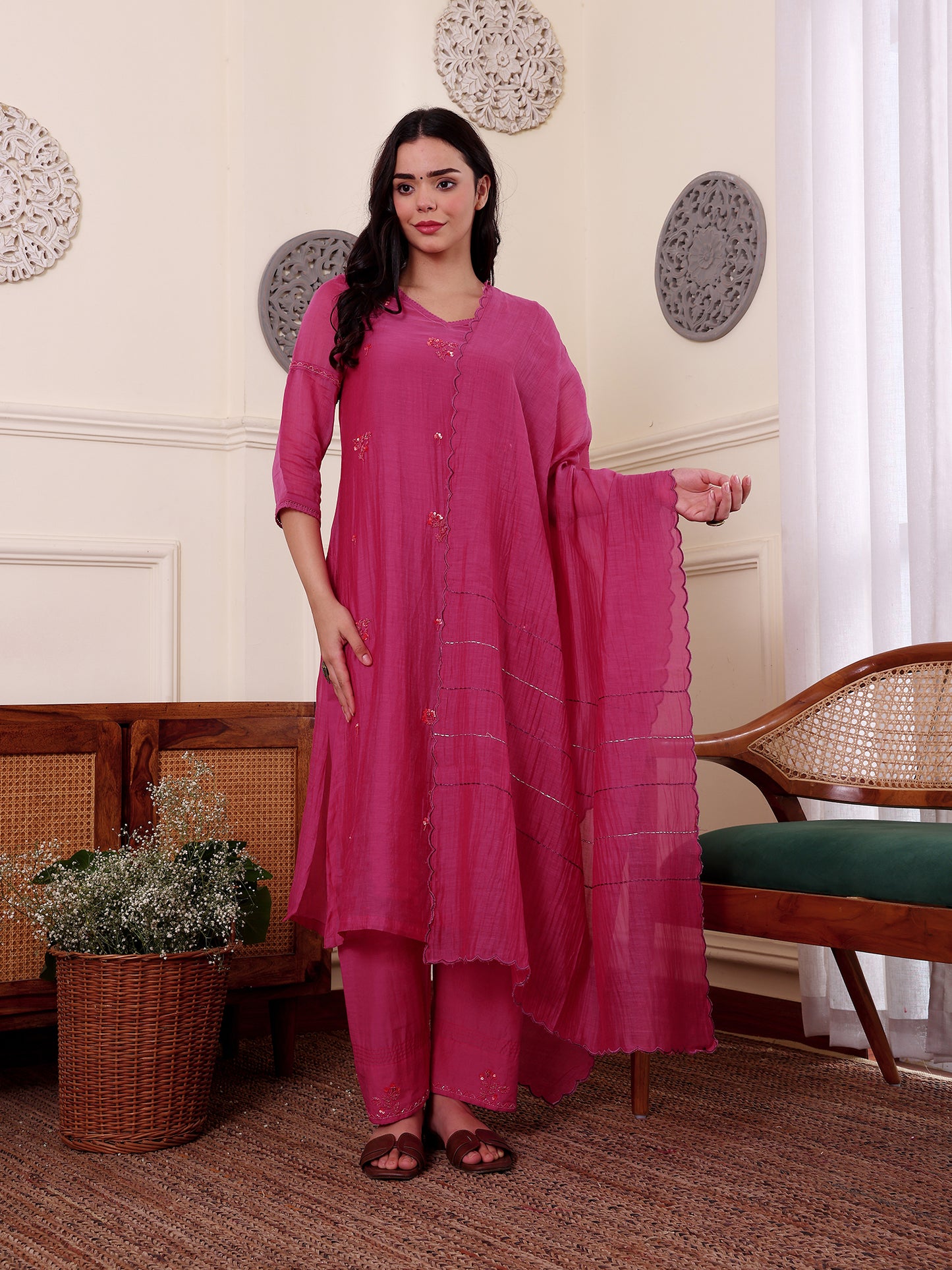 Rani pink mul Chanderi bead work Kurta