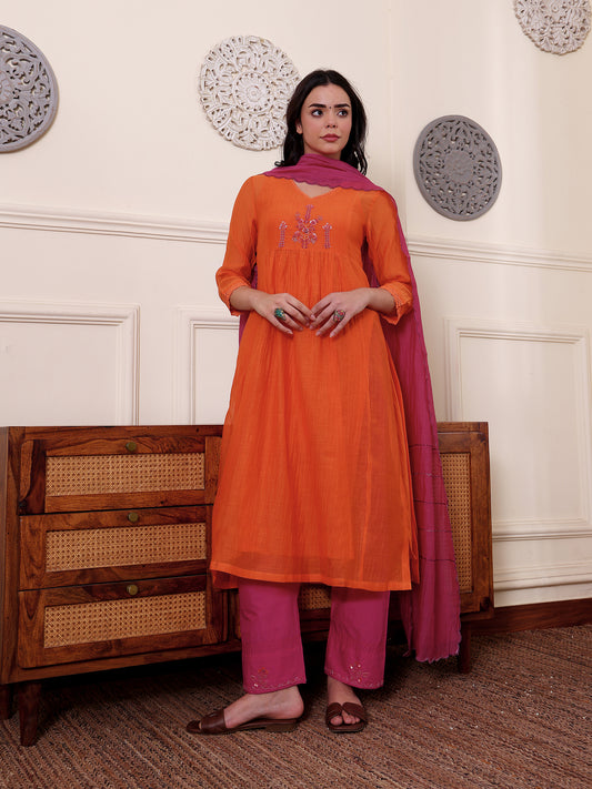 Orange mul chanderi beadwork kurta set