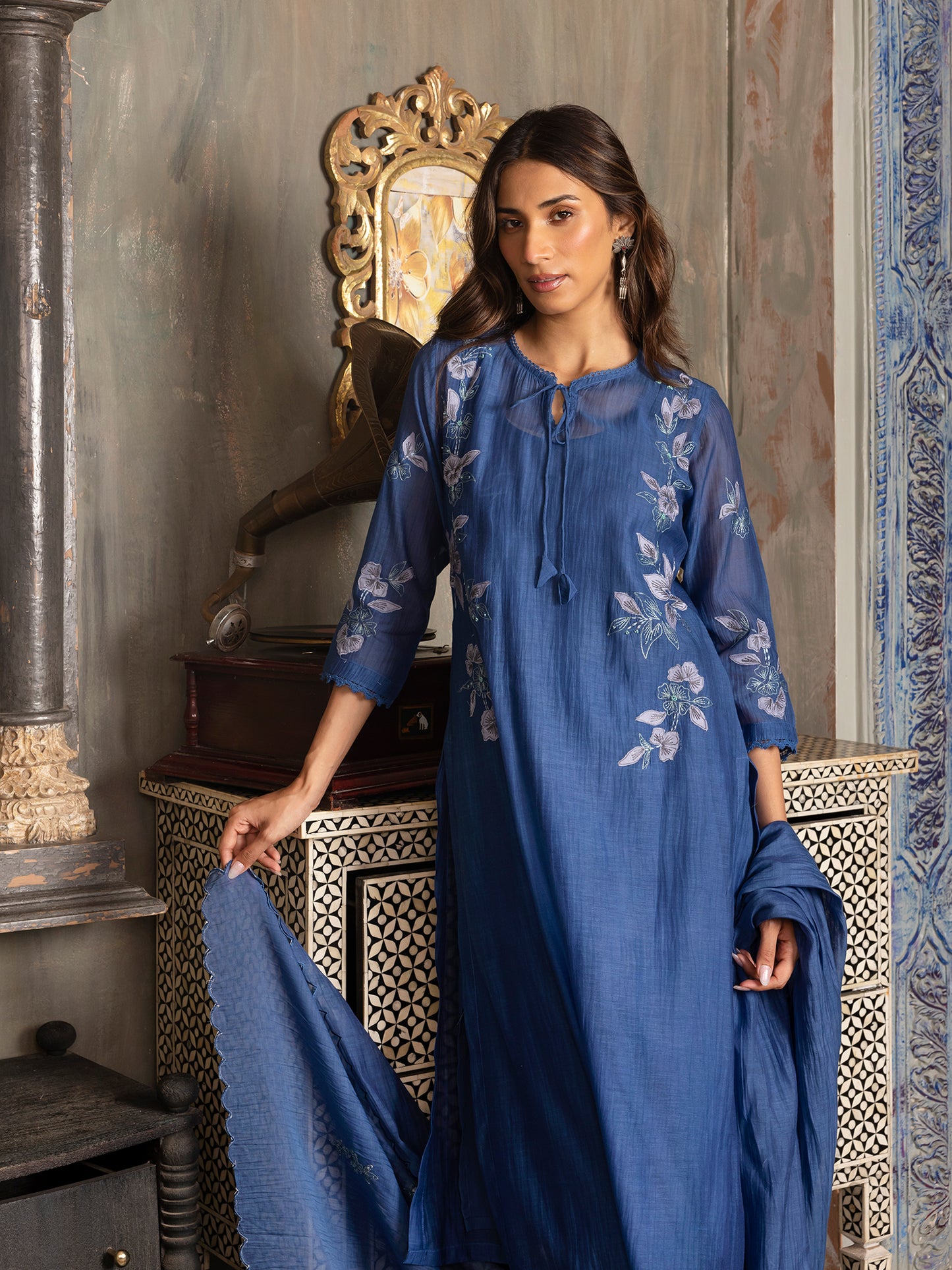Navy blue mul chanderi thread and fabric cutwork kurta set
