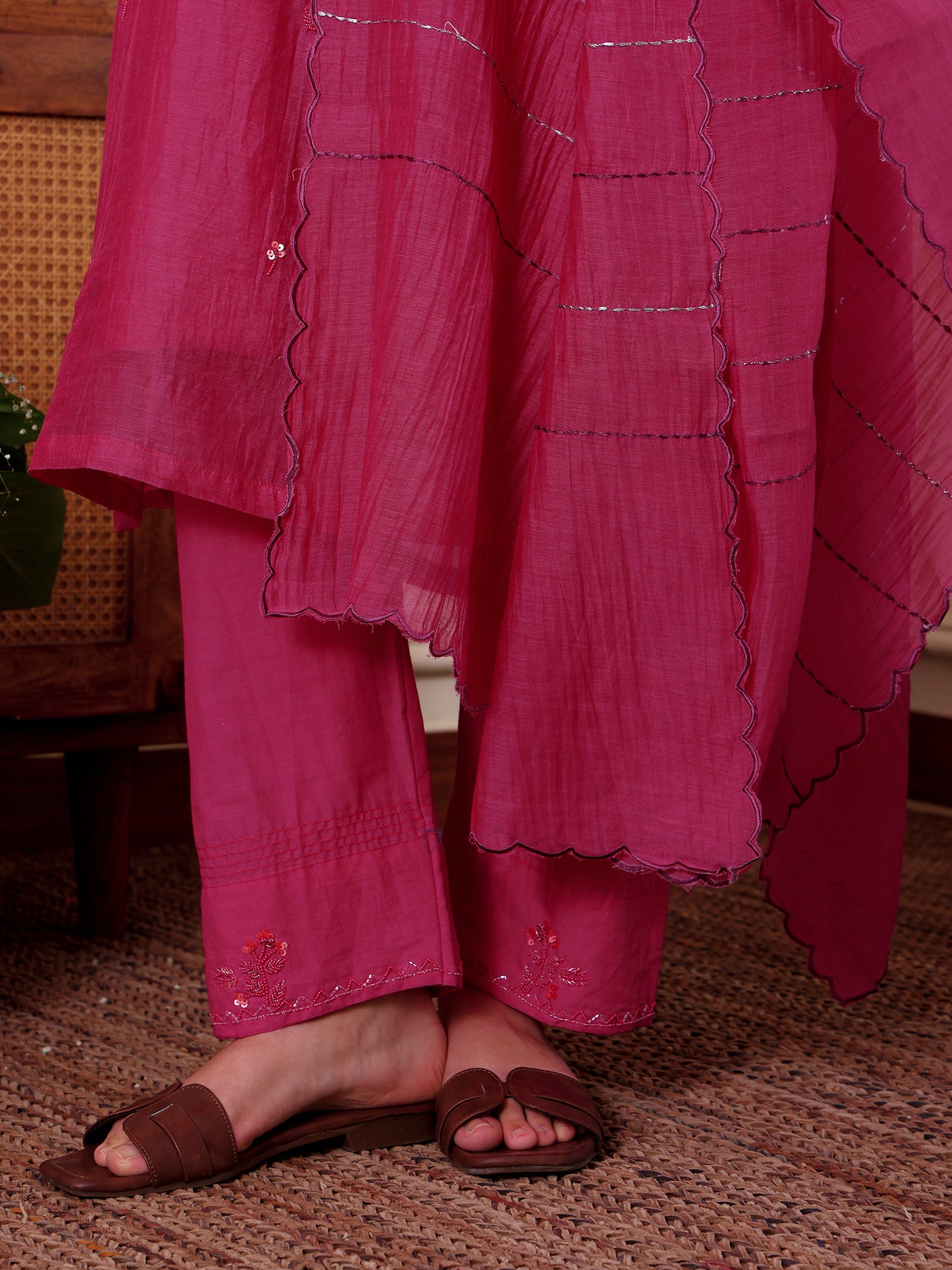 Rani pink mul Chanderi bead work Kurta