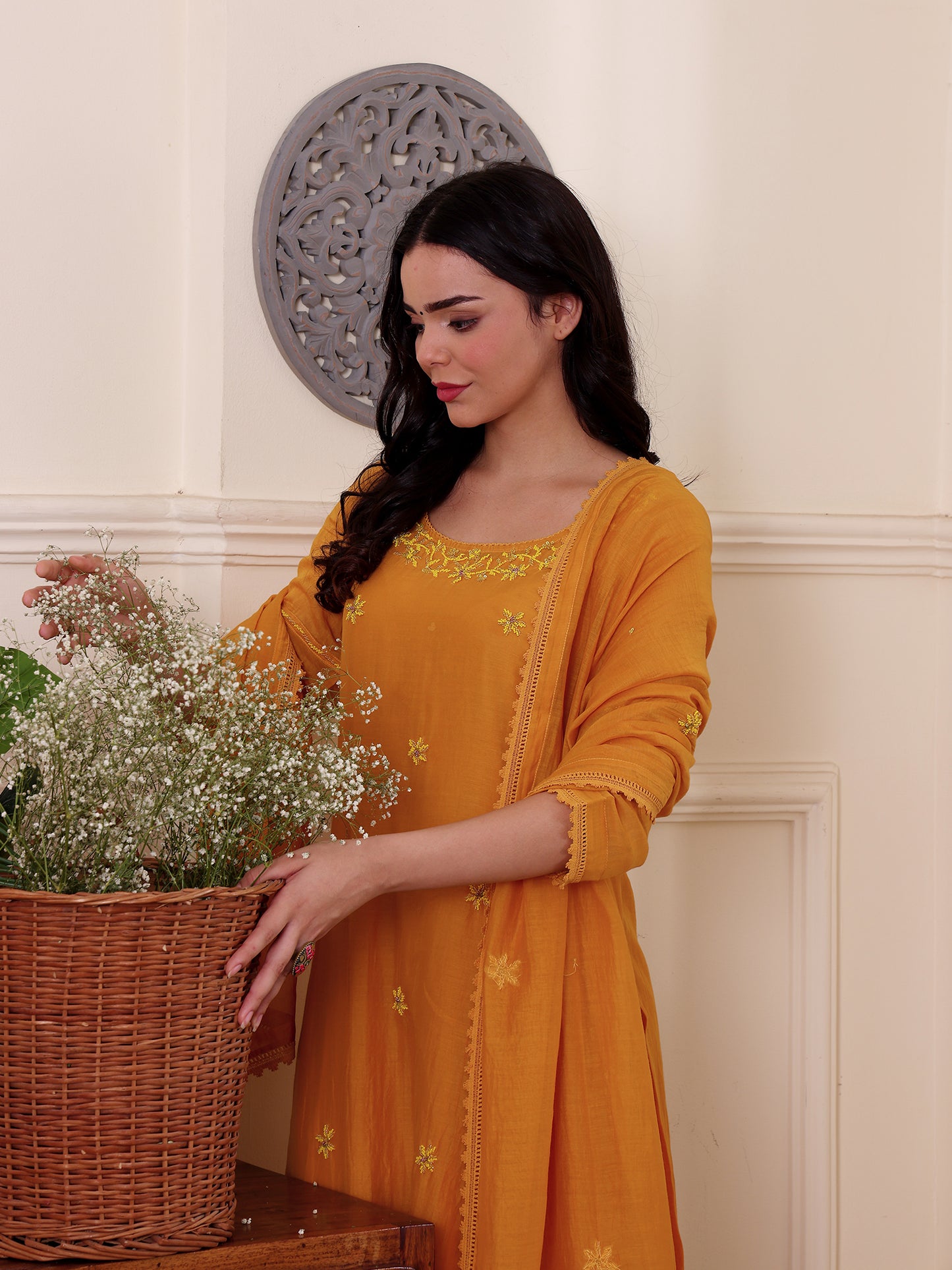 Yellow mul chanderi bead work kurta set
