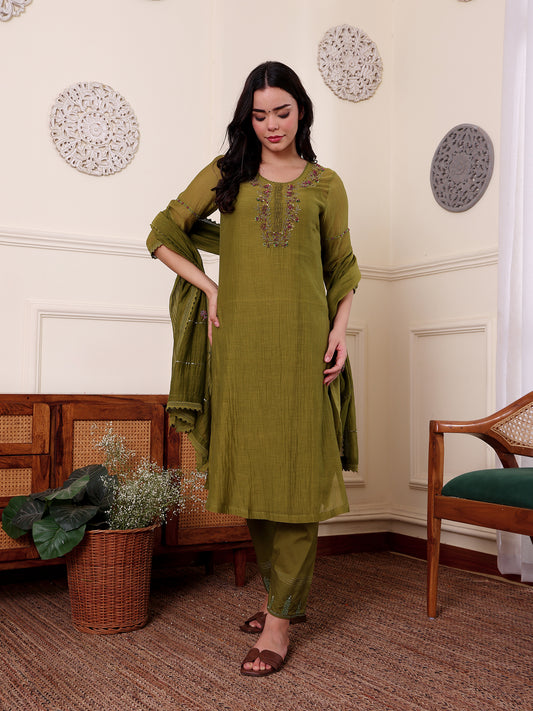 Mehndi green mul chanderi beadwork kurta set